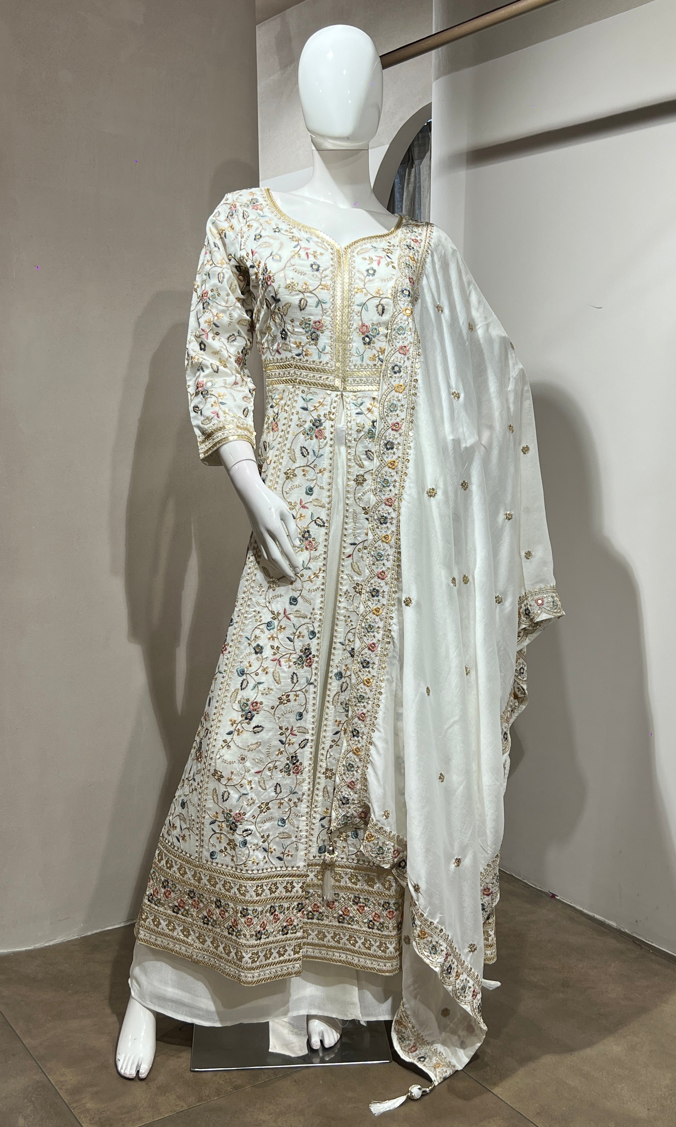White EMBROIDERED FRONT SLIT ANARKALI SET