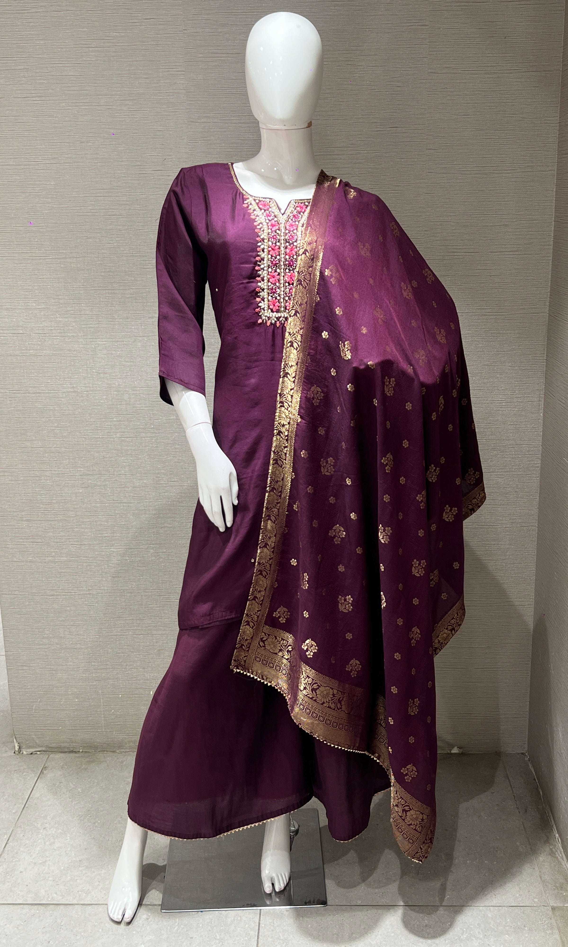 WINE EMBROIDERED KURTA SET