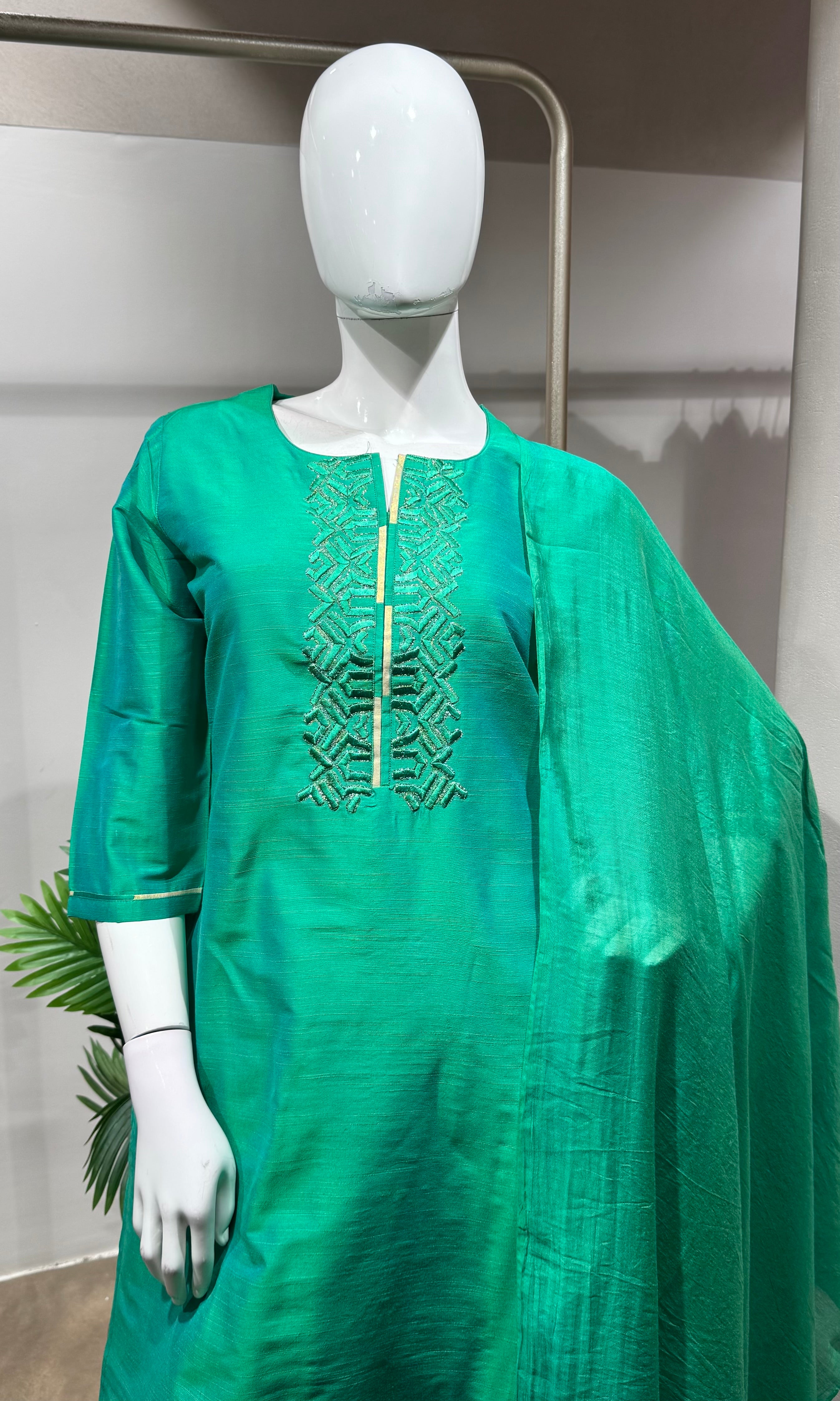 Green Embroidered Silk Straight kurta set
