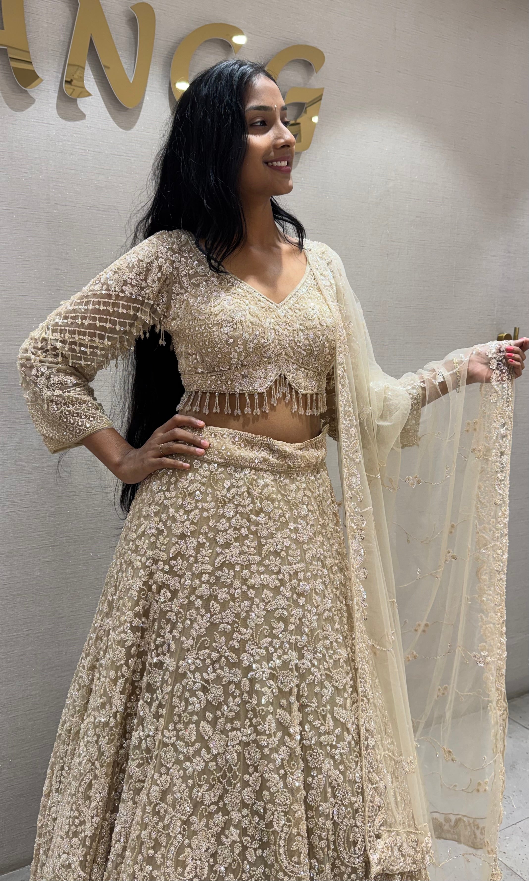 Ivory Net Sequin Embroidered Lehenga Set