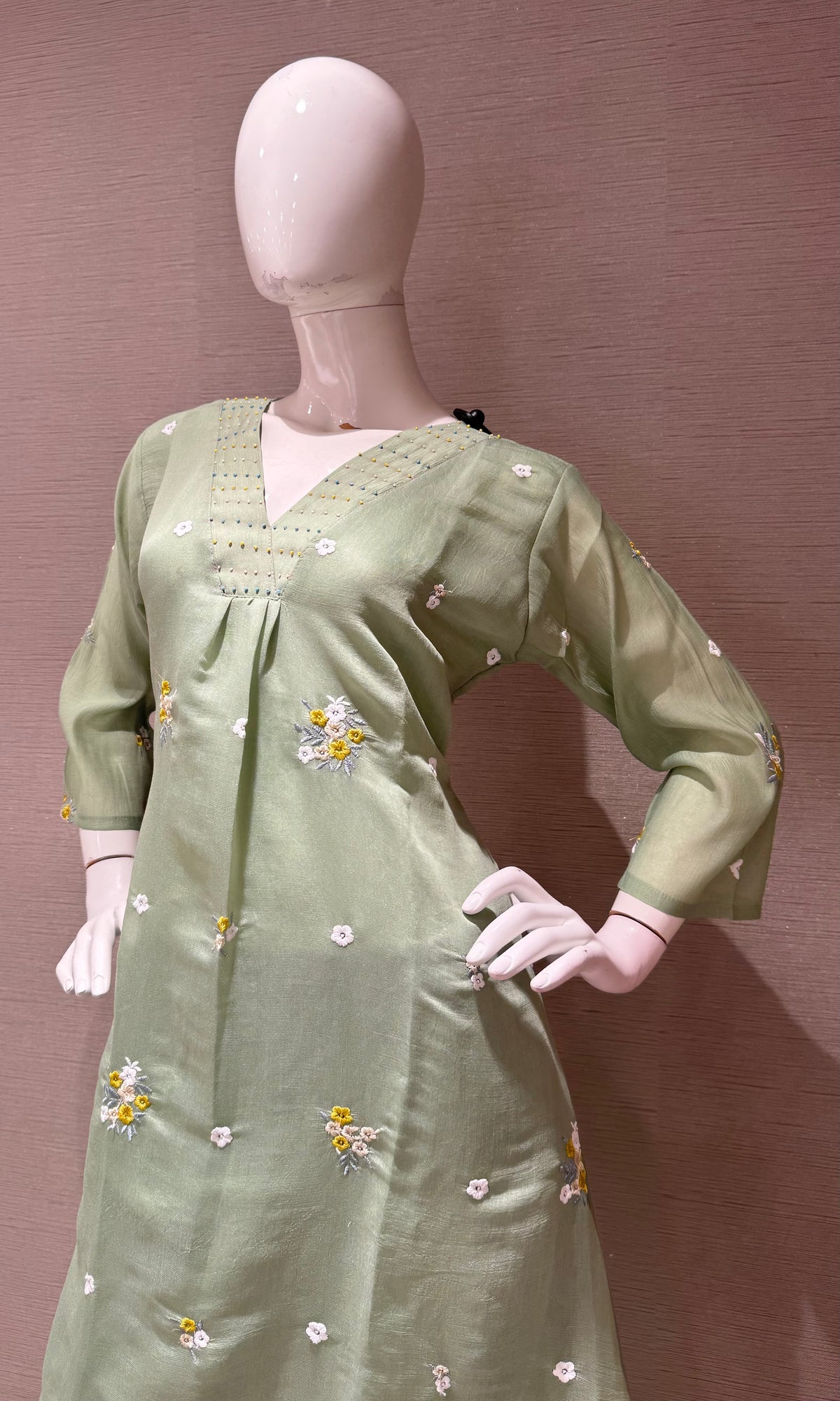 Pista Green Chanderi Kurta Set with Gold Zari Border Dupatta
