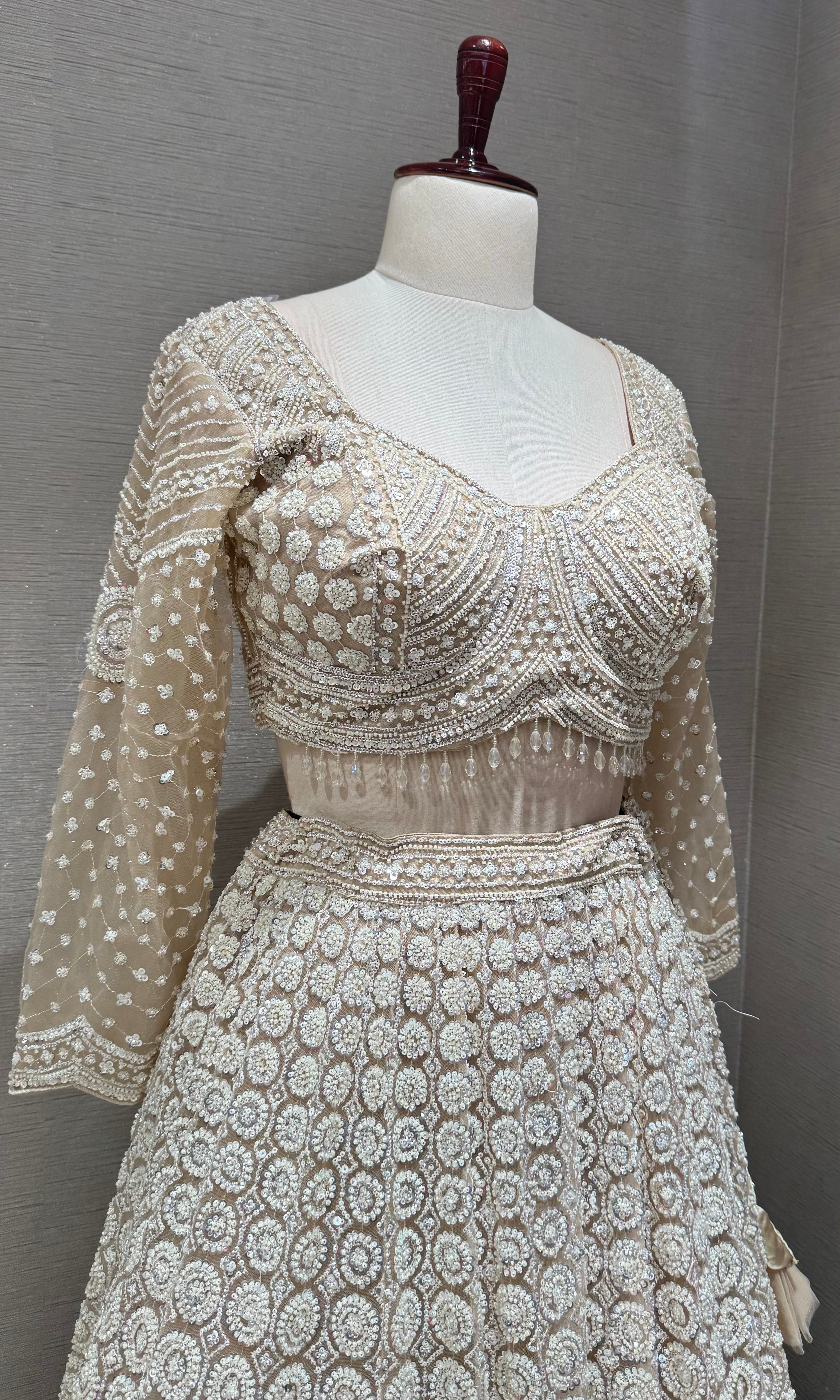 Beige Sequins and Beads Heavy Embroidered Lehenga