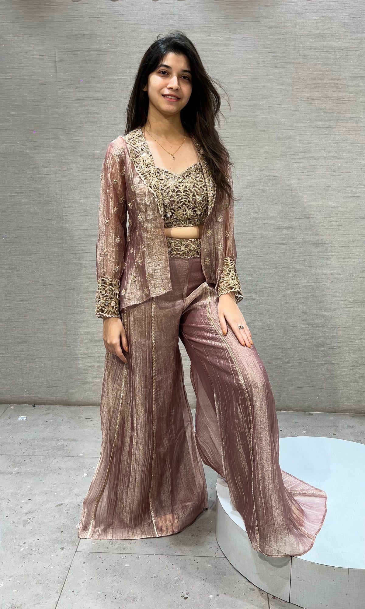 Elegant Rose Gold Shimmer Crop top Palazzo Set