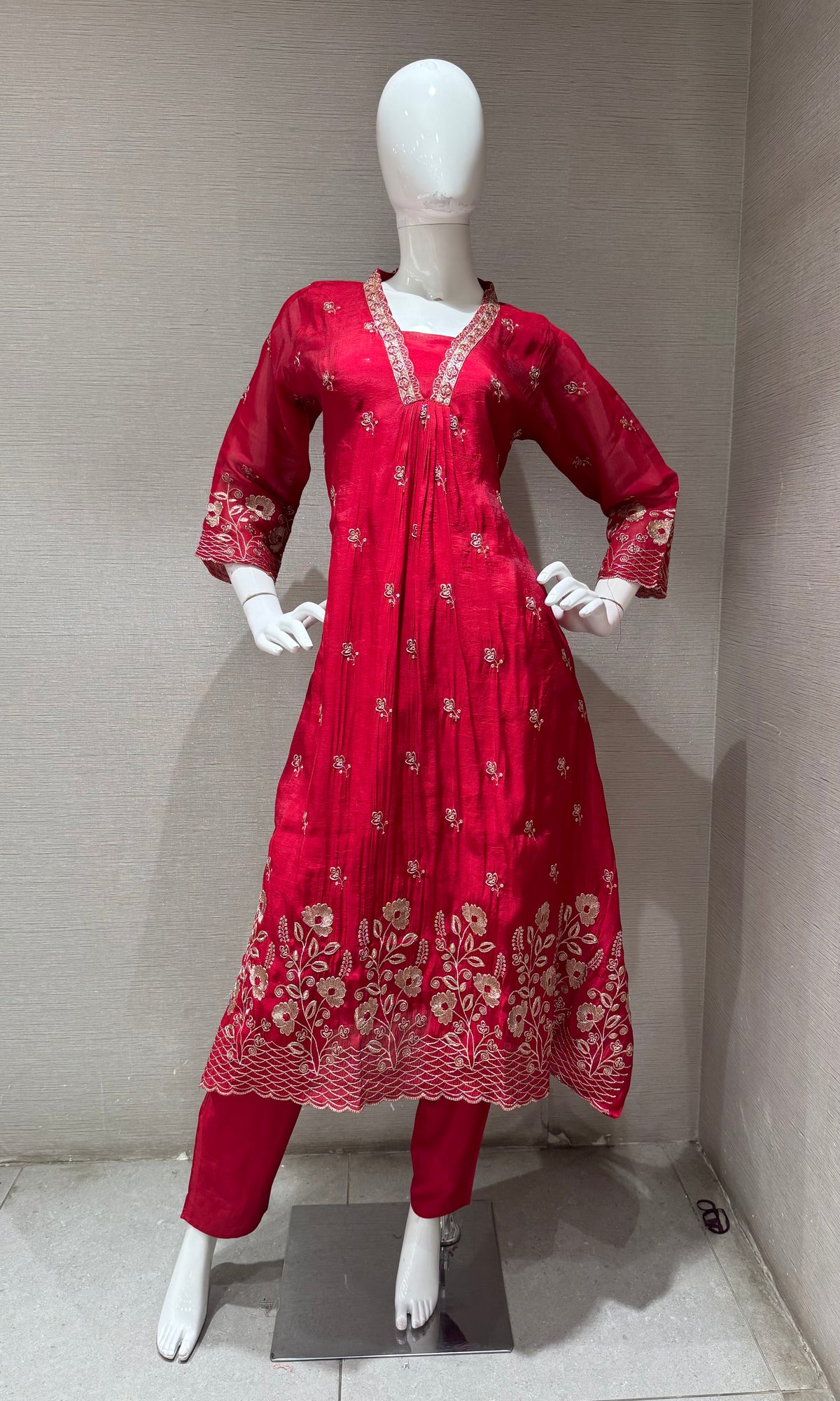 Maroon golden floral a line kurta set with dupatta