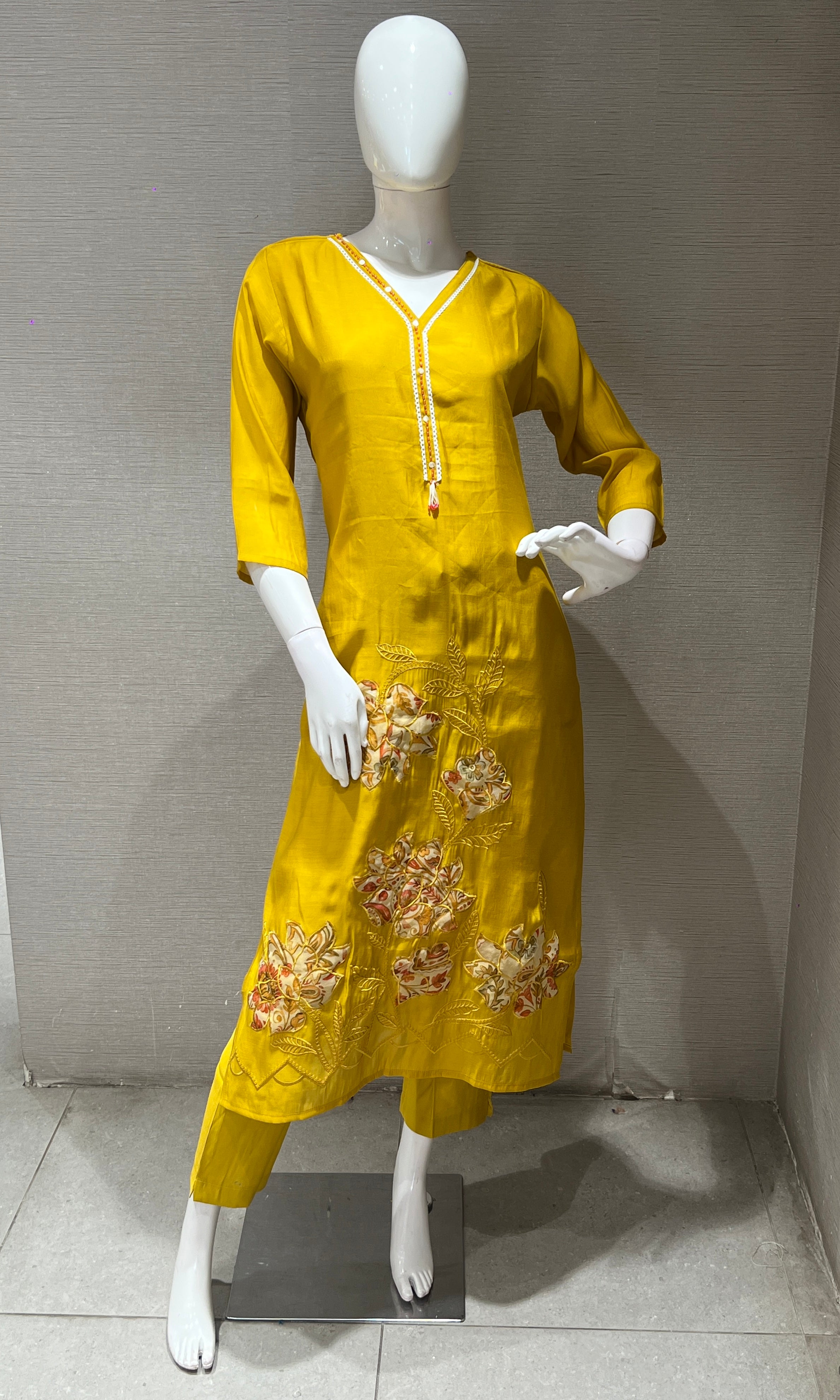 Mustard yellow kurta set with printed dupatta