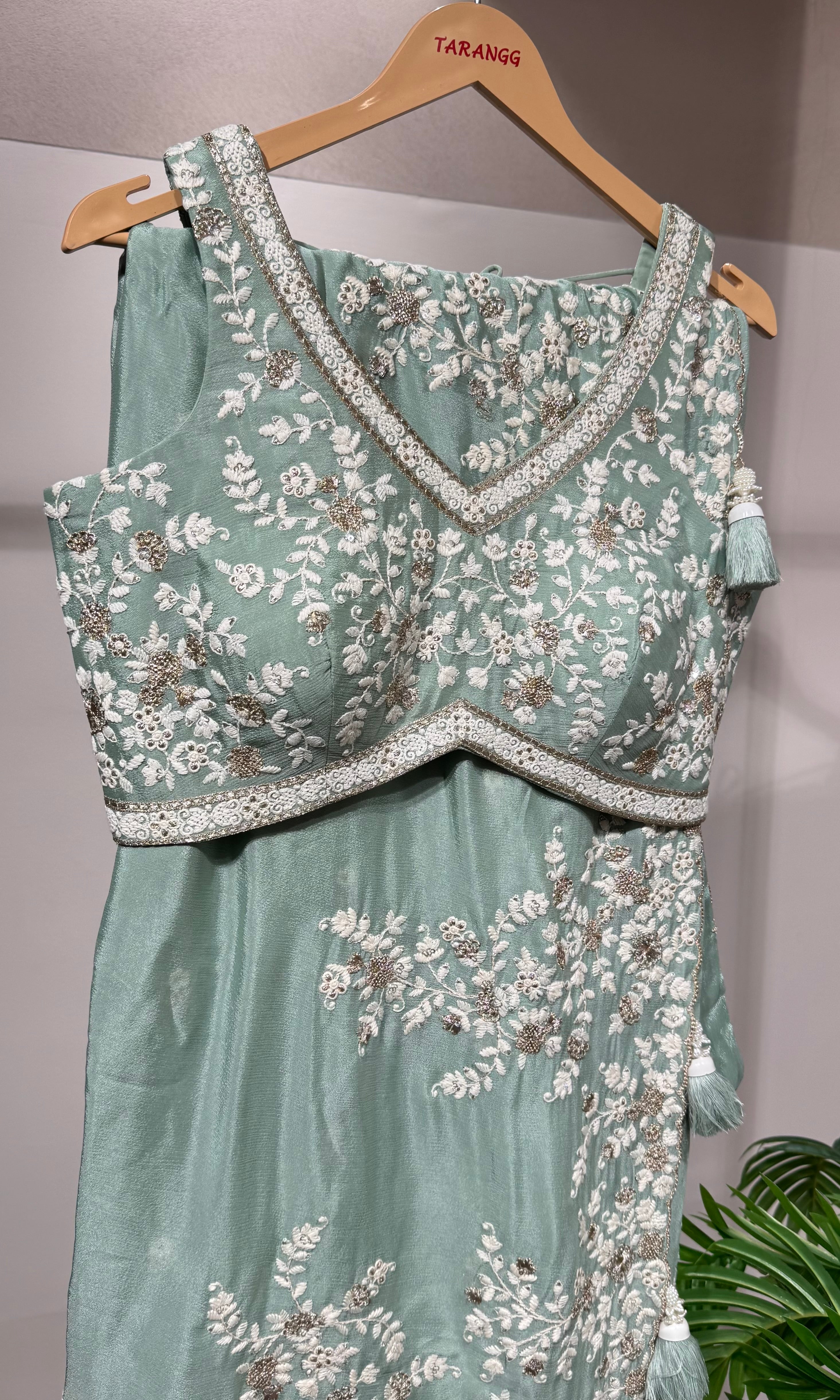 Pista green Floral Embroidered SAREE