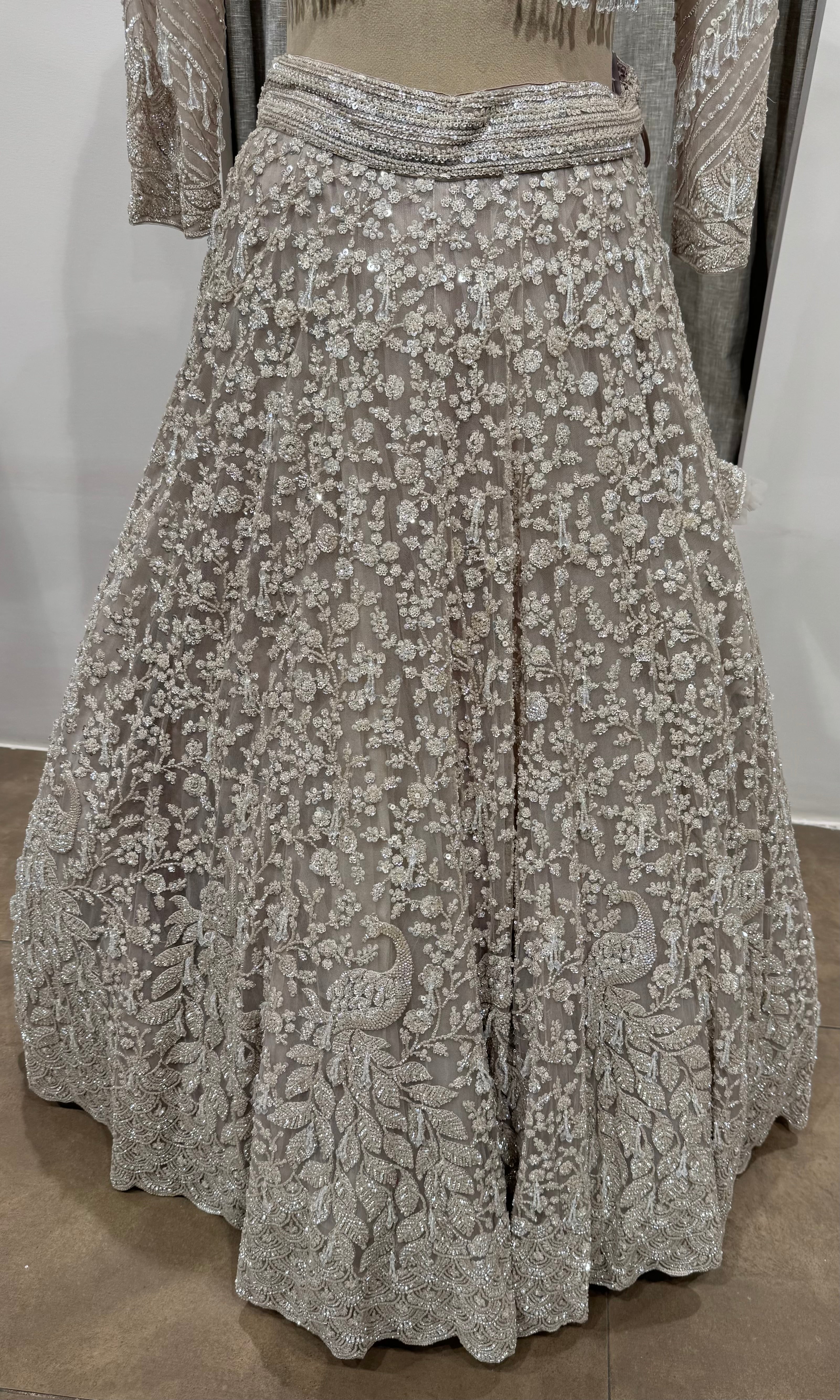 Grey Silver Net Heavy Embroidered Bridal Lehenga Set