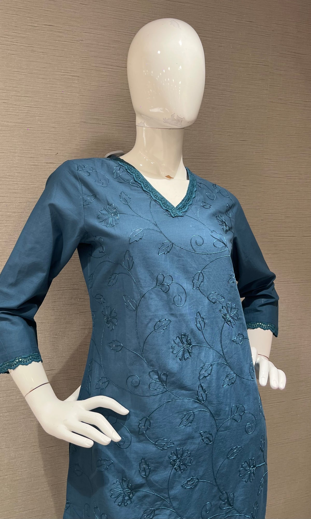 Blue Cotton Kurta Set with Pink Floral Embroidery