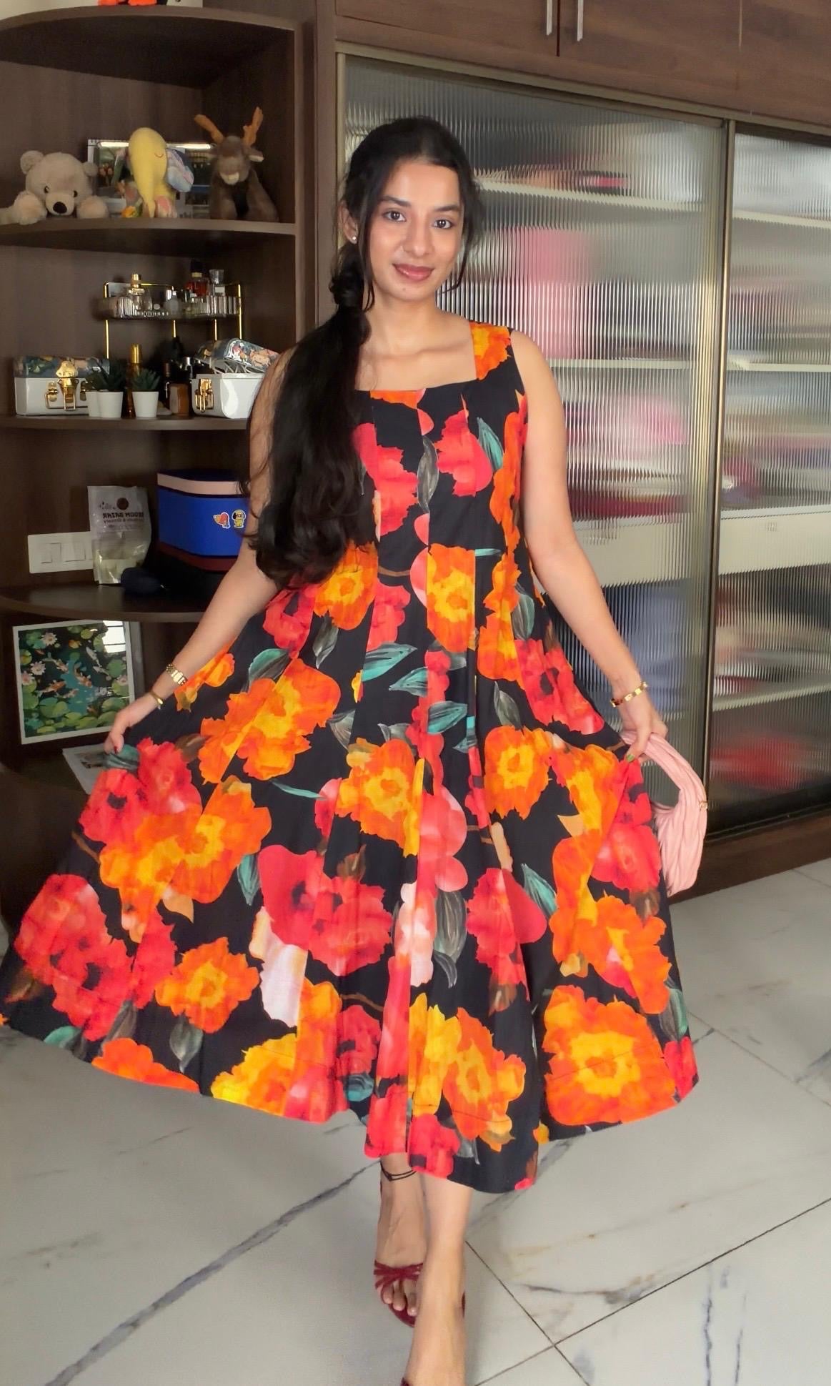 Orange and Black floral linen cotton dress