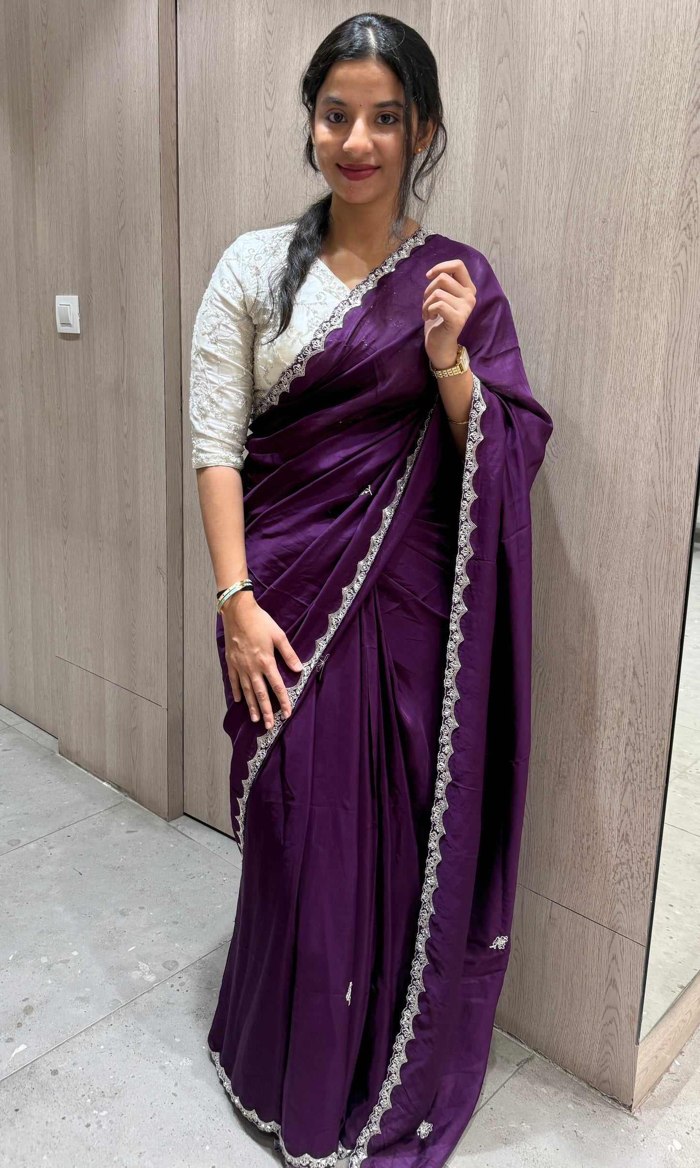 🤍White blouse with purple saree 7777💜