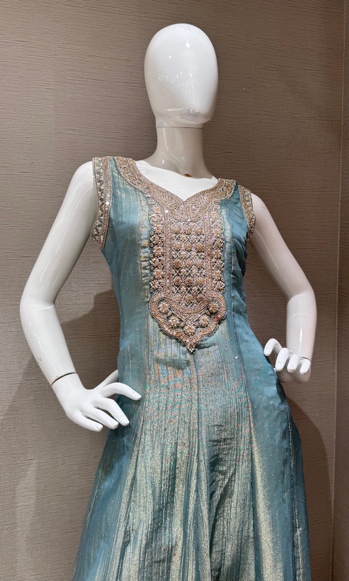 Sage Green Tissue silk Embroidered Kurta Set with Dupatta