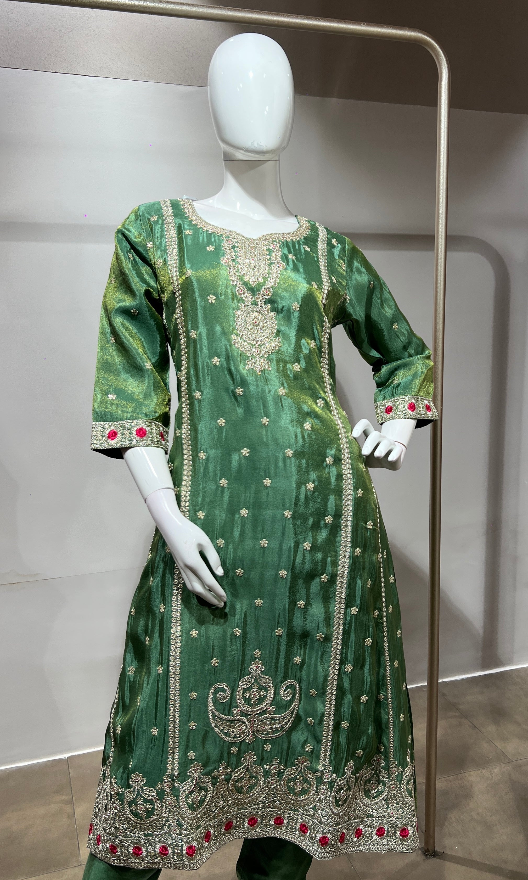 Green Silk Embroidered Kurta Suit with Dupatta
