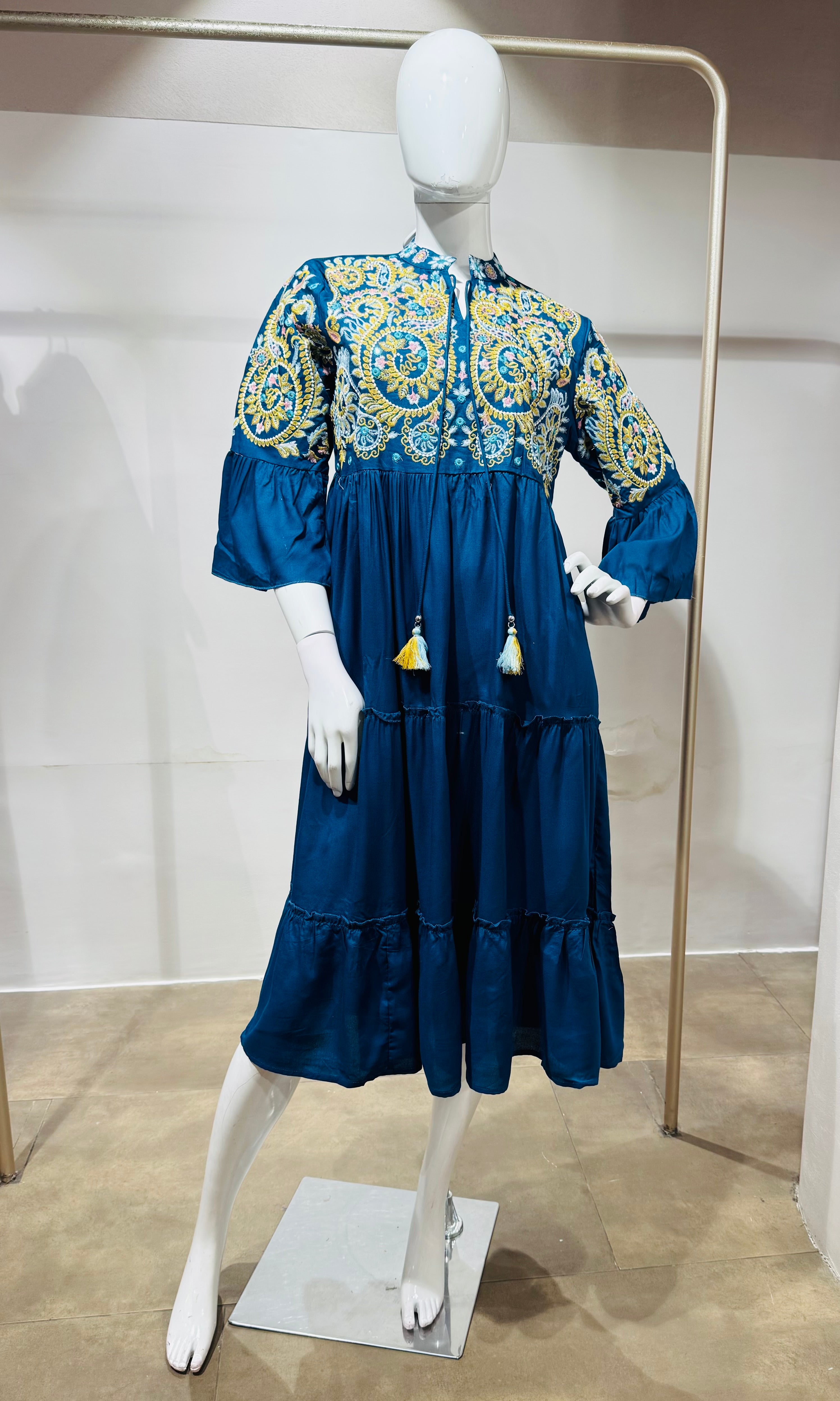 Blue Tiered Dress with Multicolor Embroidered Yoke