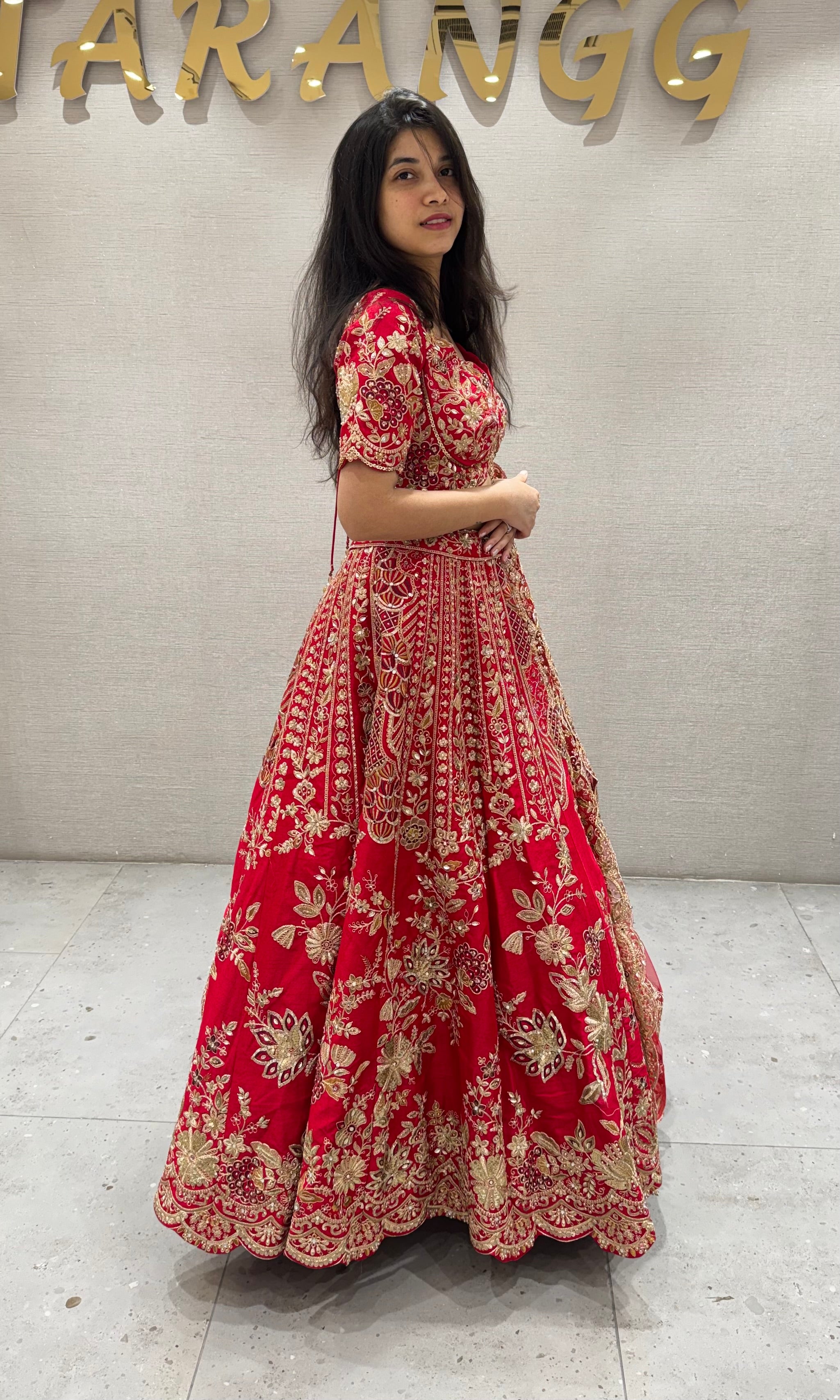 Red GOLDEN FLORAL EMBROIDERED lehenga