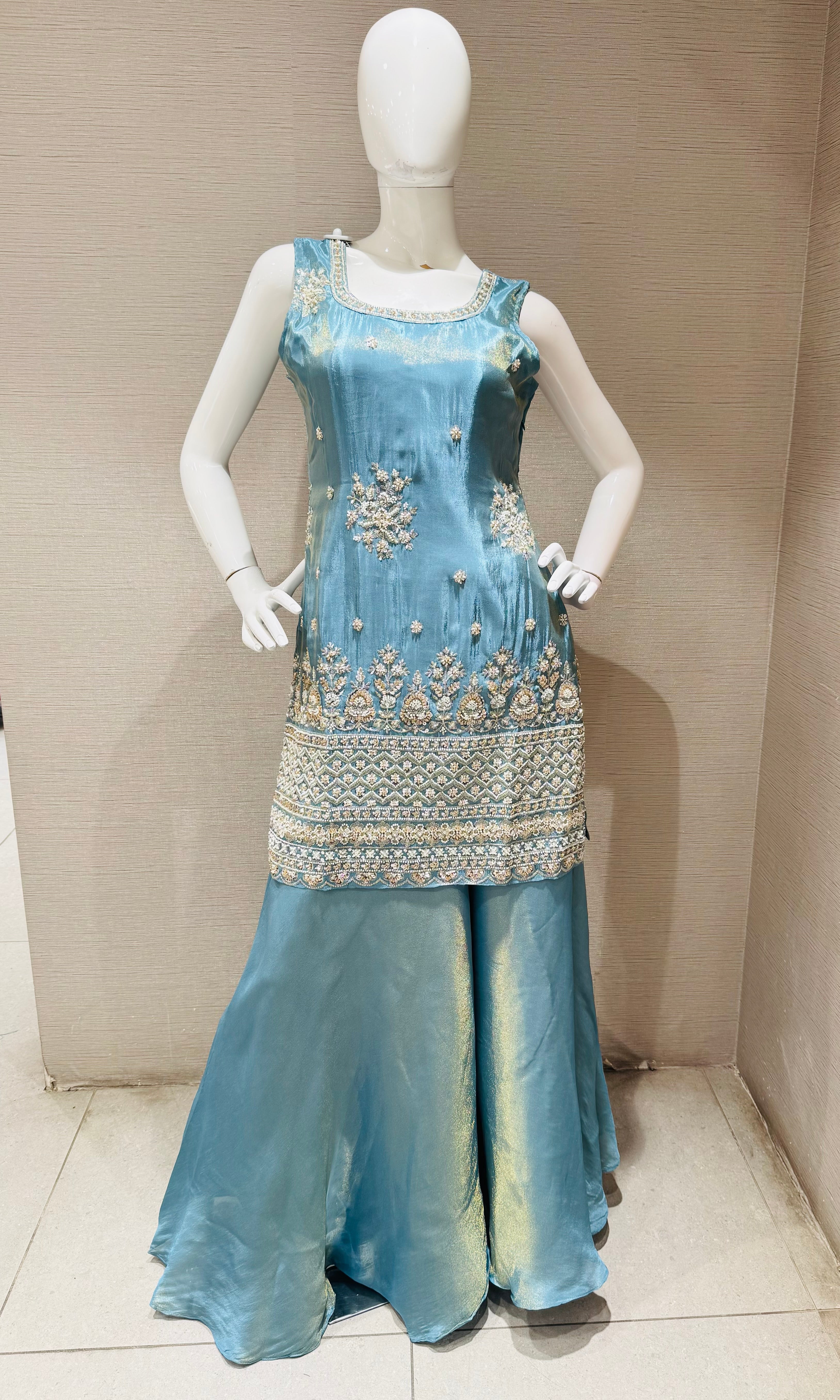 Blue shimmer tissue embroidered sharara set