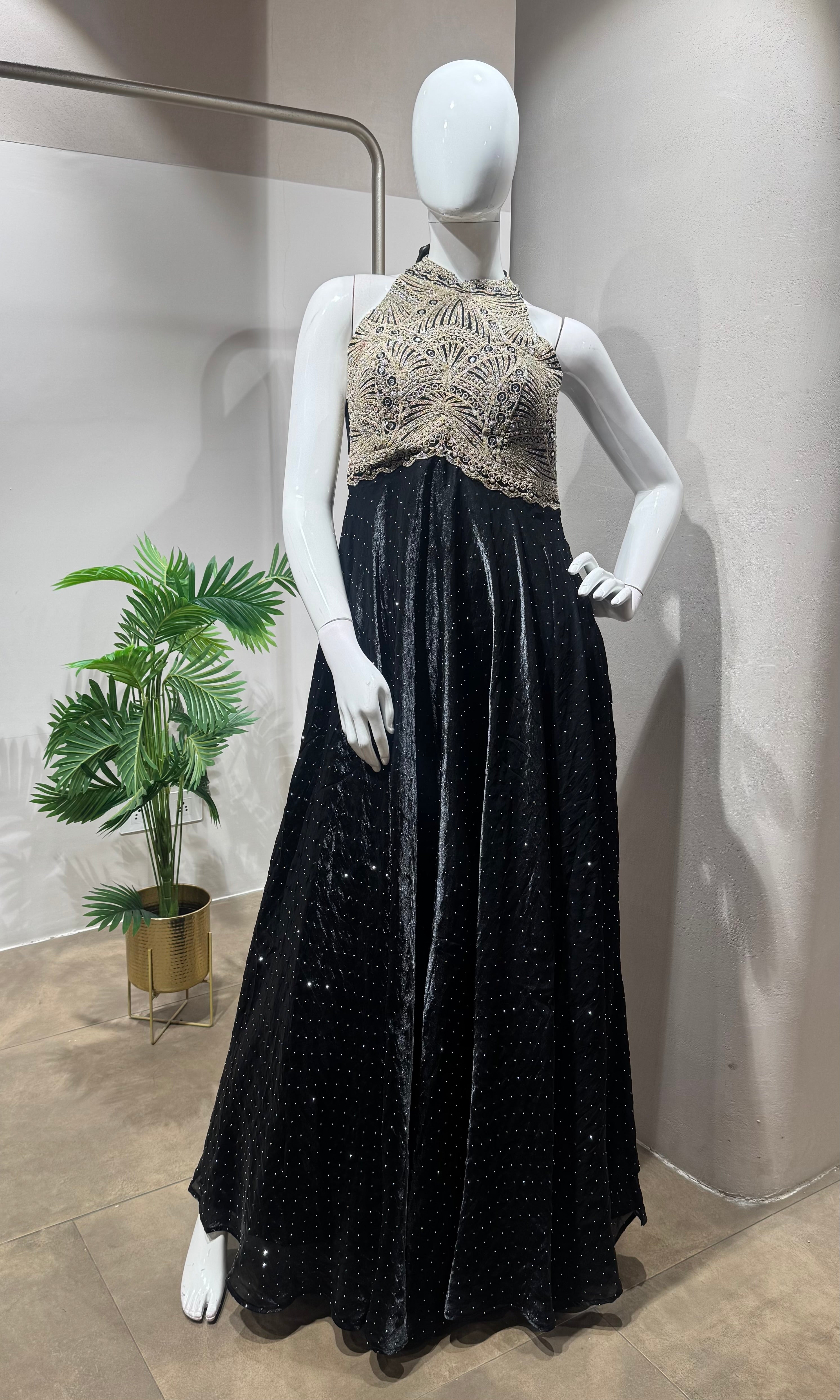 BLACK HALTER GOLDEN EMBROIDERED ANARKALI SET