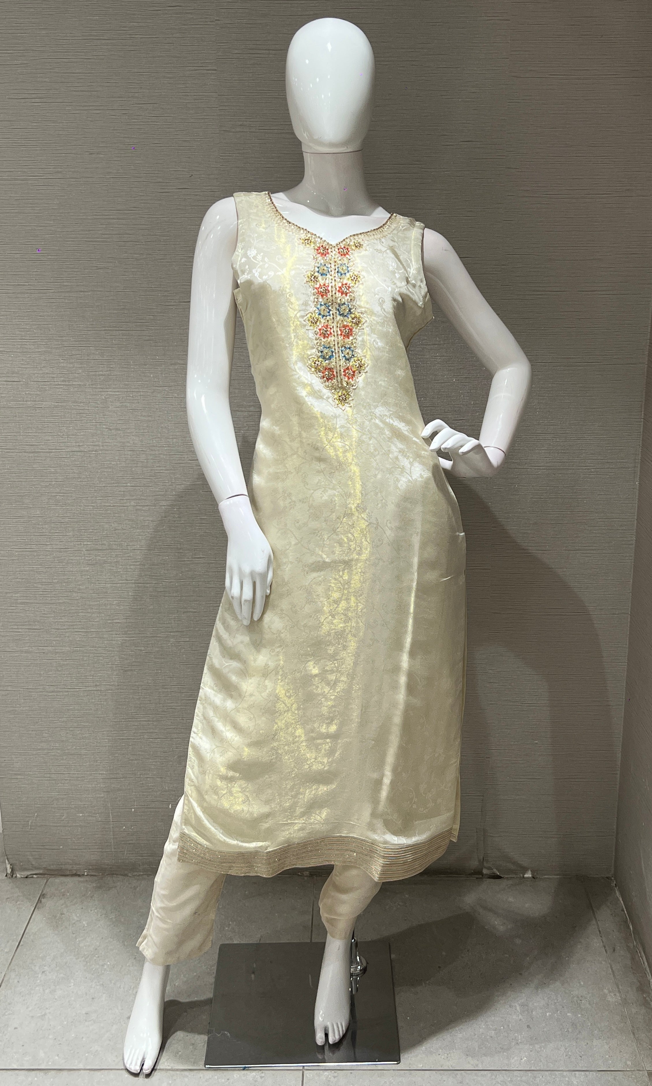 OFF white kurta set with Rainbow Dupatta