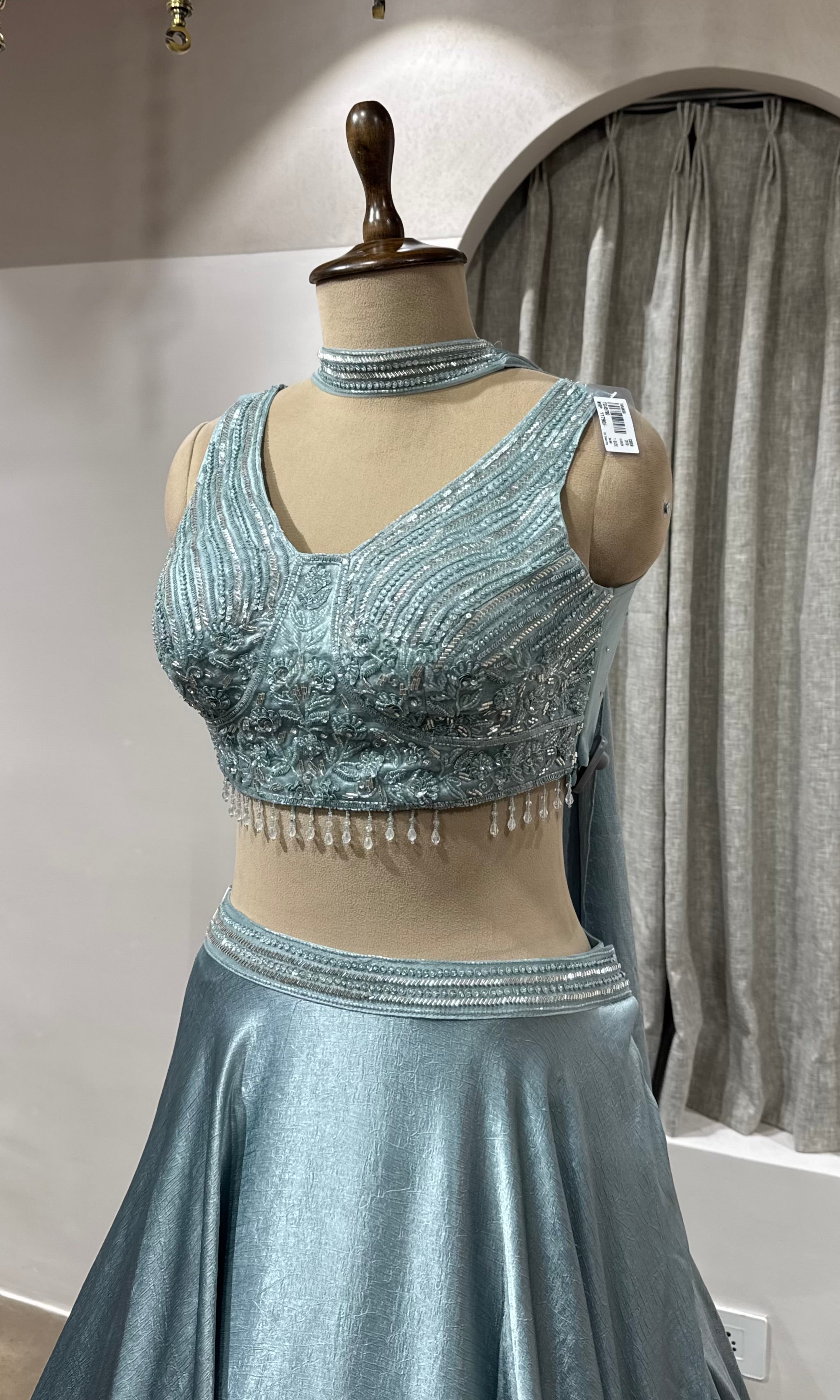 Sea green Lehenga with embroidered corset blouse