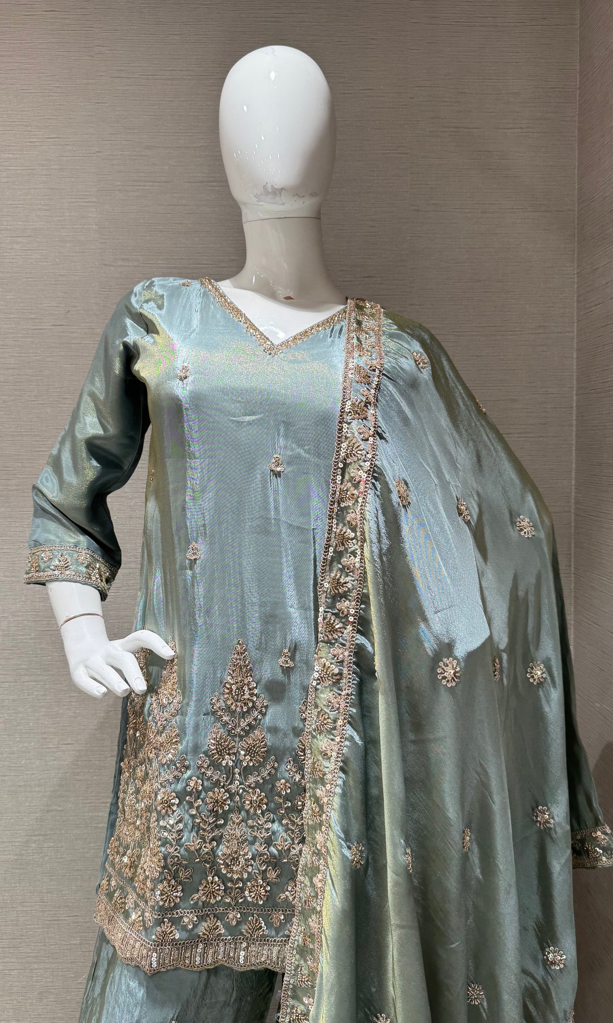 BLUE SILK BLEND GOLDEN EMBROIDERED SHARARA SET WITH DUPATTA