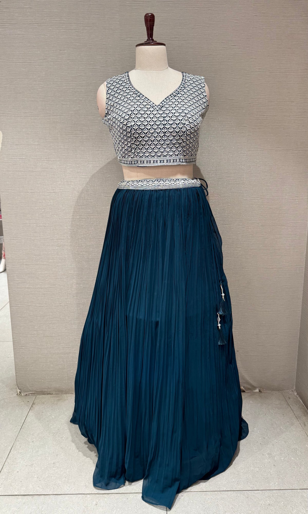 Midnight Blue Georgette Crop Top Lehenga with Jacket