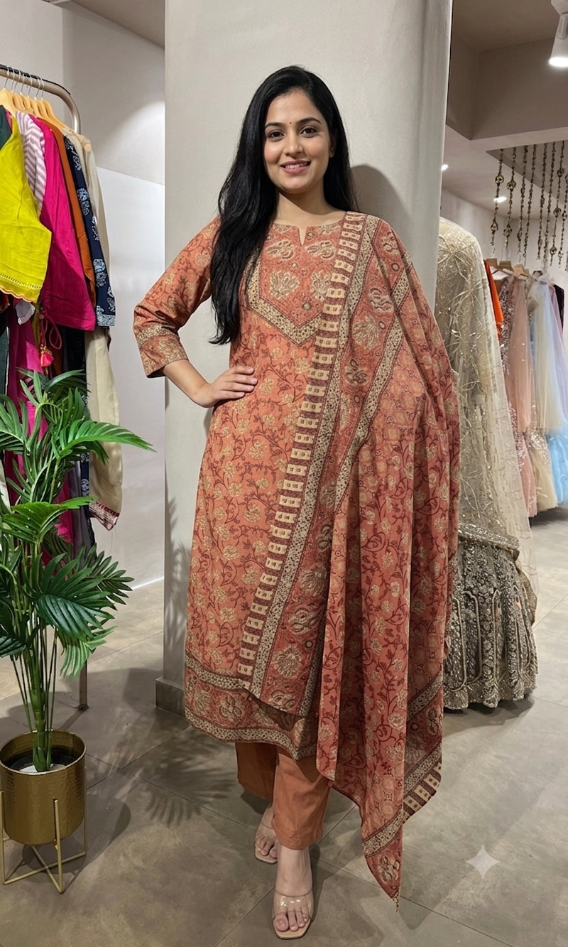 PEACH ETHNIC PRINTED KURTA SET