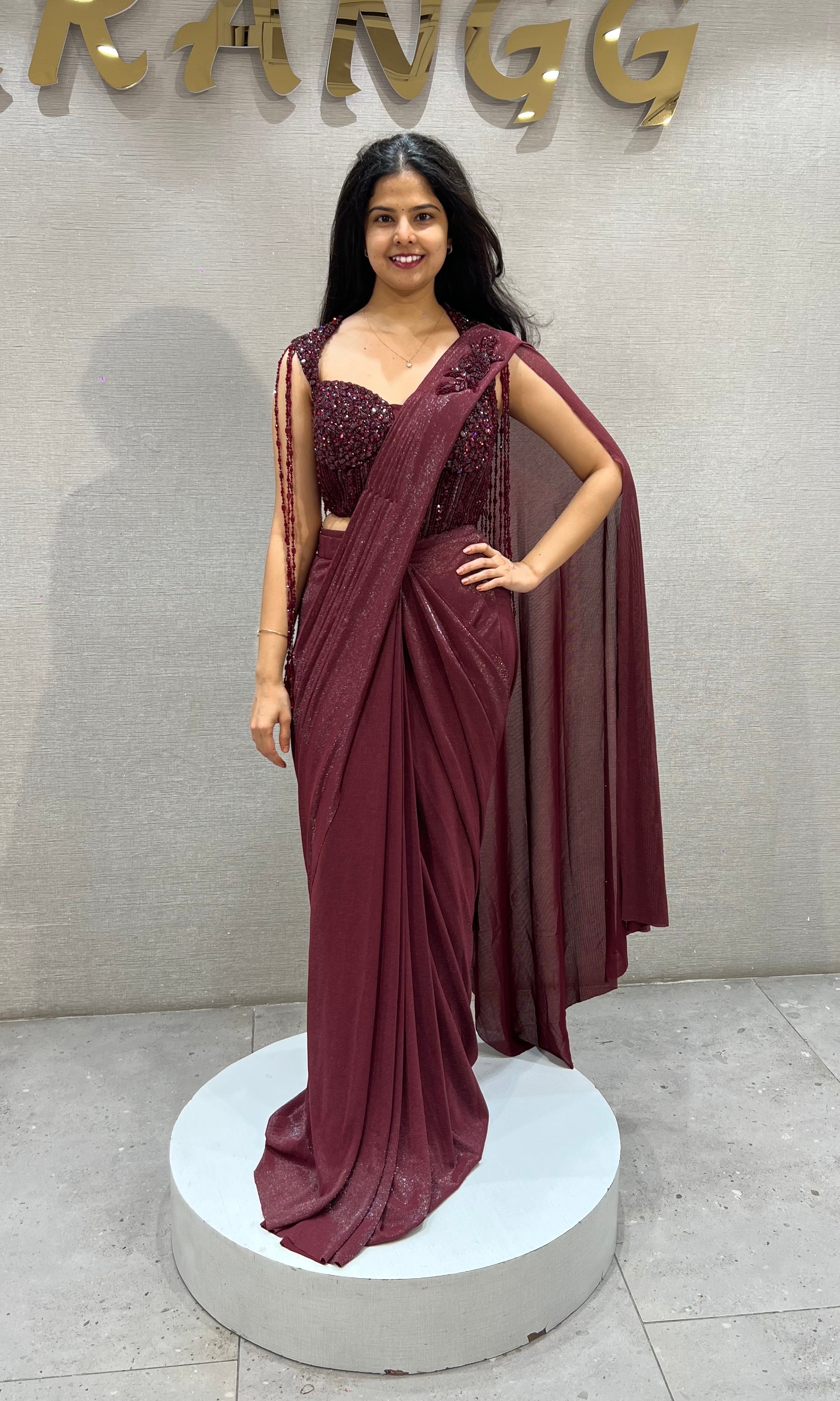 Wine Drape Saree with Embellished Blouse