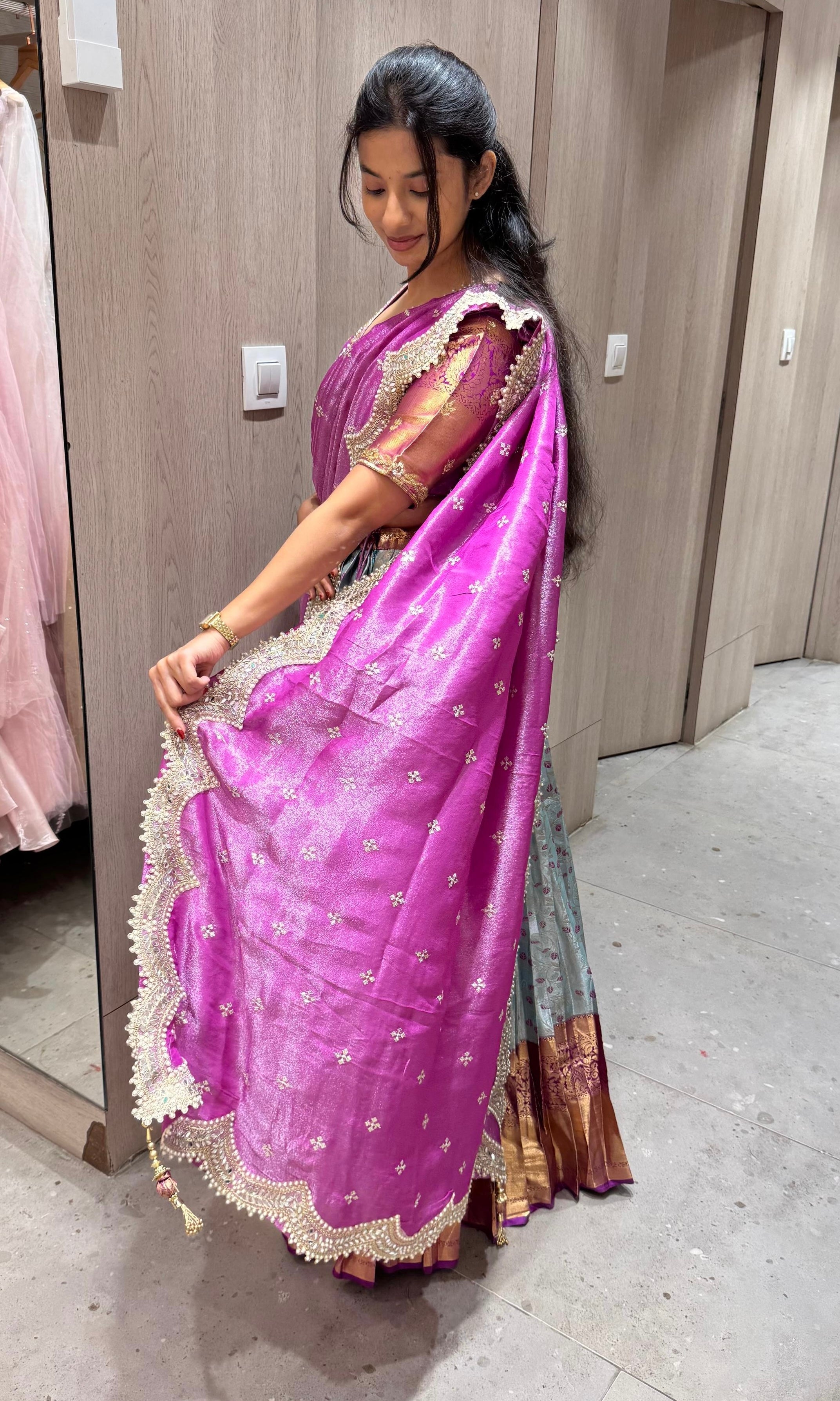 Ice blue And purple pink pattu half saree