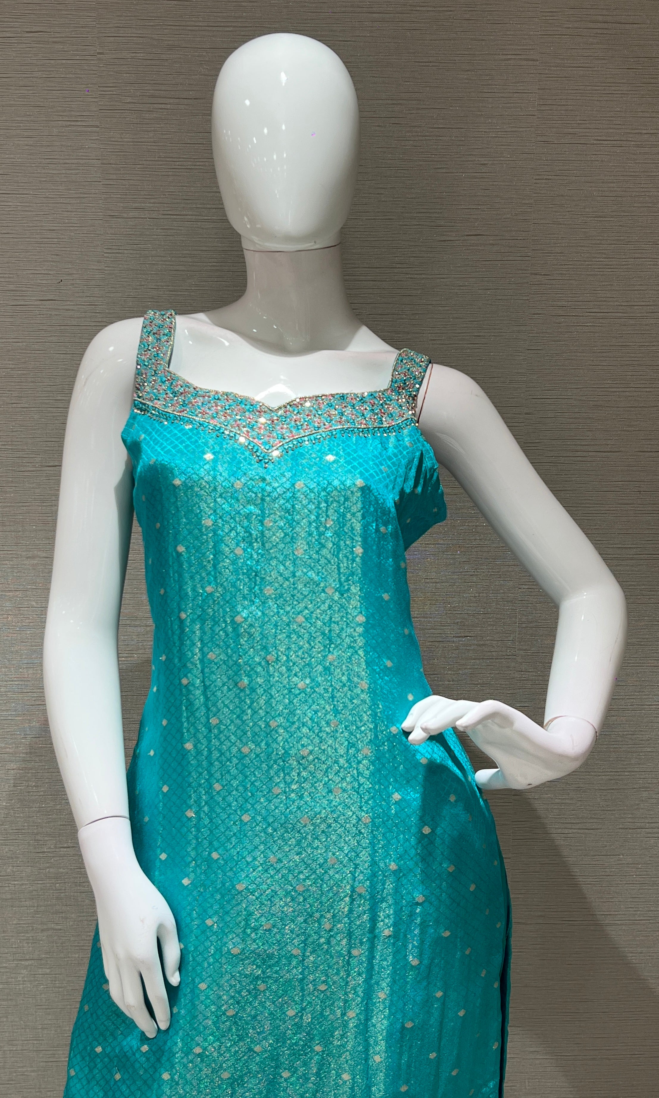 Sea blue kurta set with floral printed dupatta