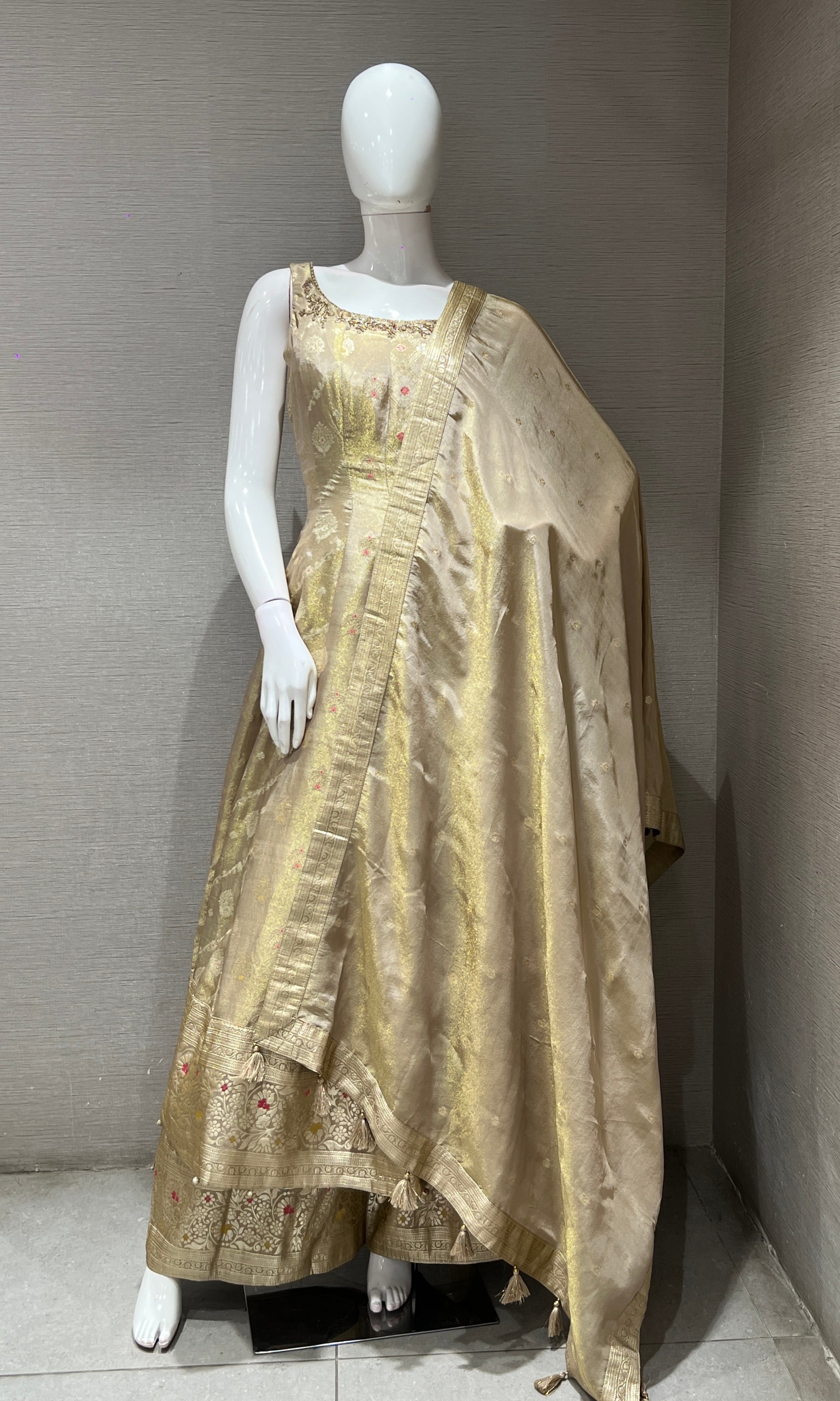 Beige Golden Anarkali Gown with Dupatta