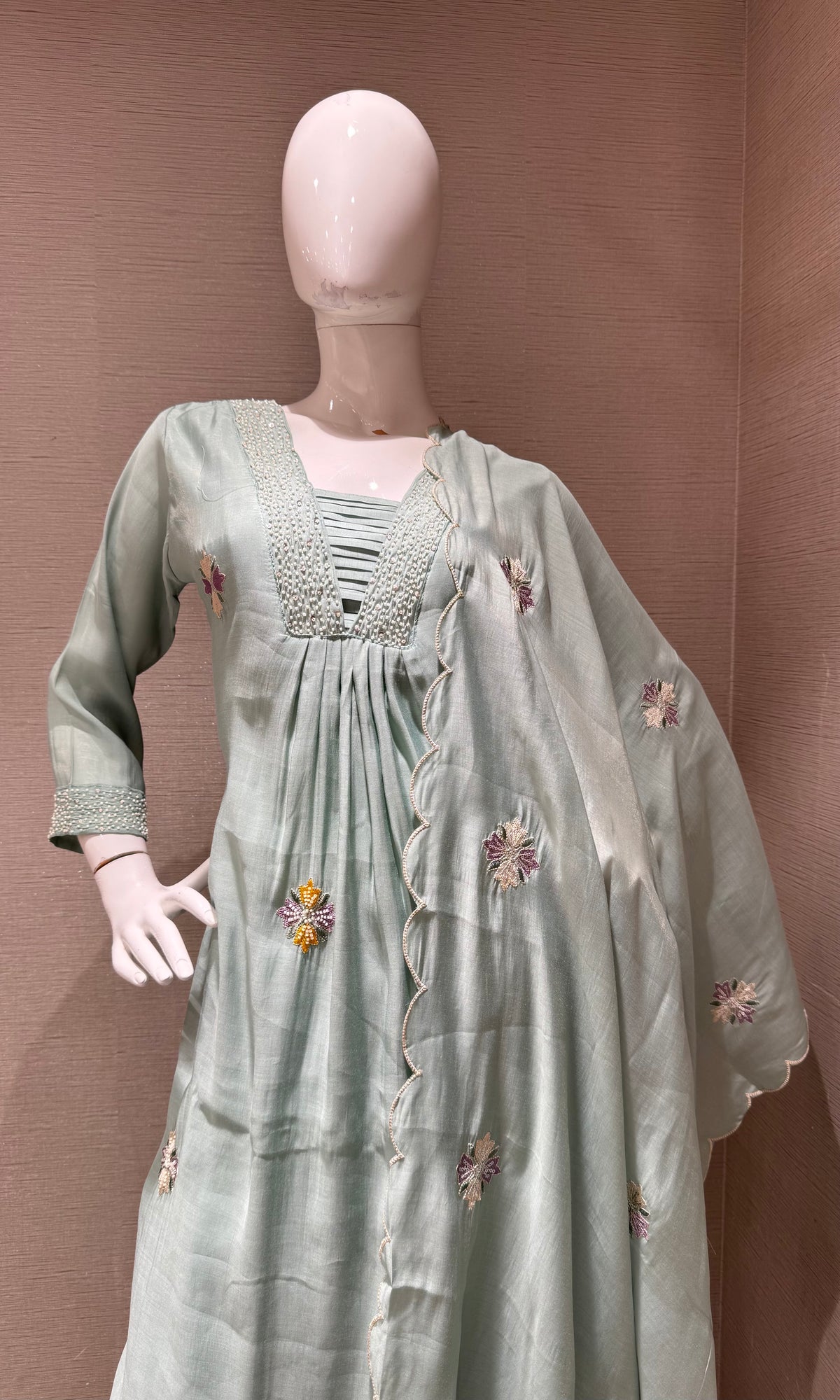 Light Blue Floral Embroidered Cotton Kurta Set with Dupatta