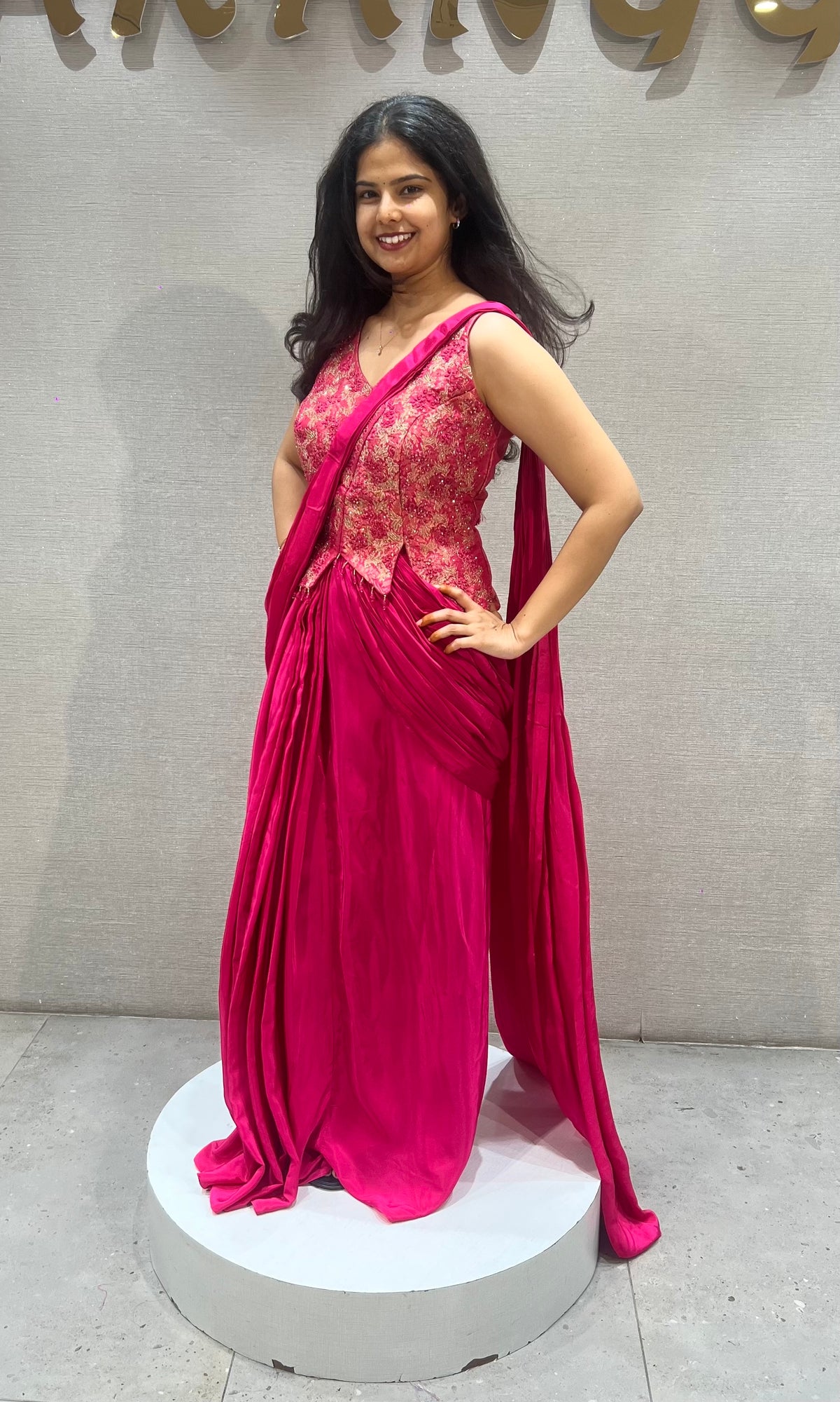 Fushion Pink Satin Dothi style skirt with Floral Blouse