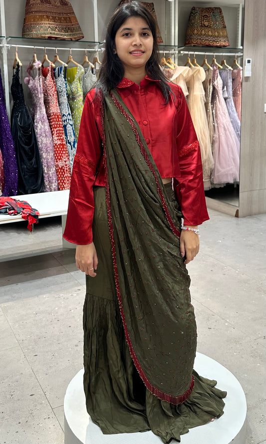 😍Red green palazzo set with Pallu😍