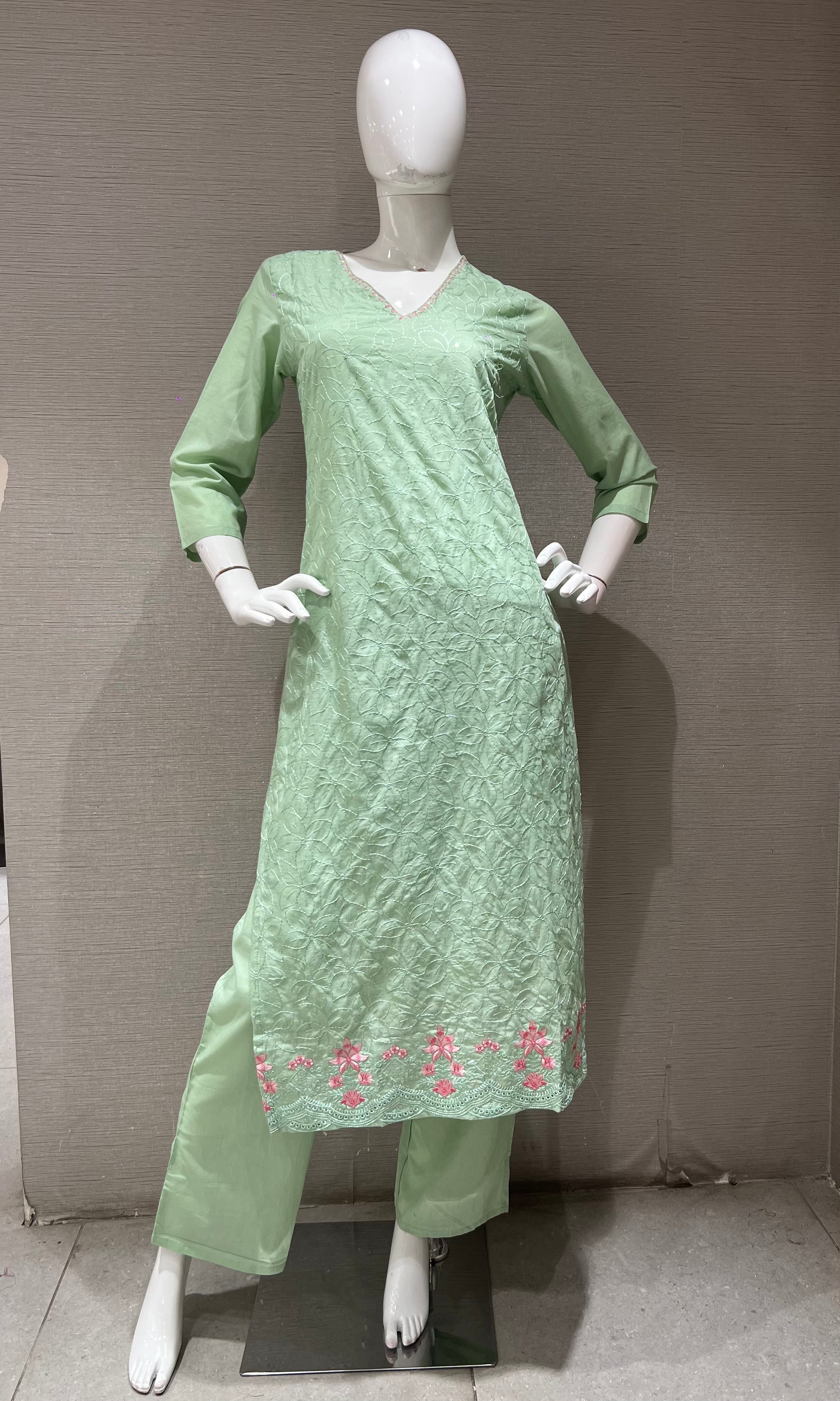 Pista Green Floral Kurta Set with Matching Dupatta