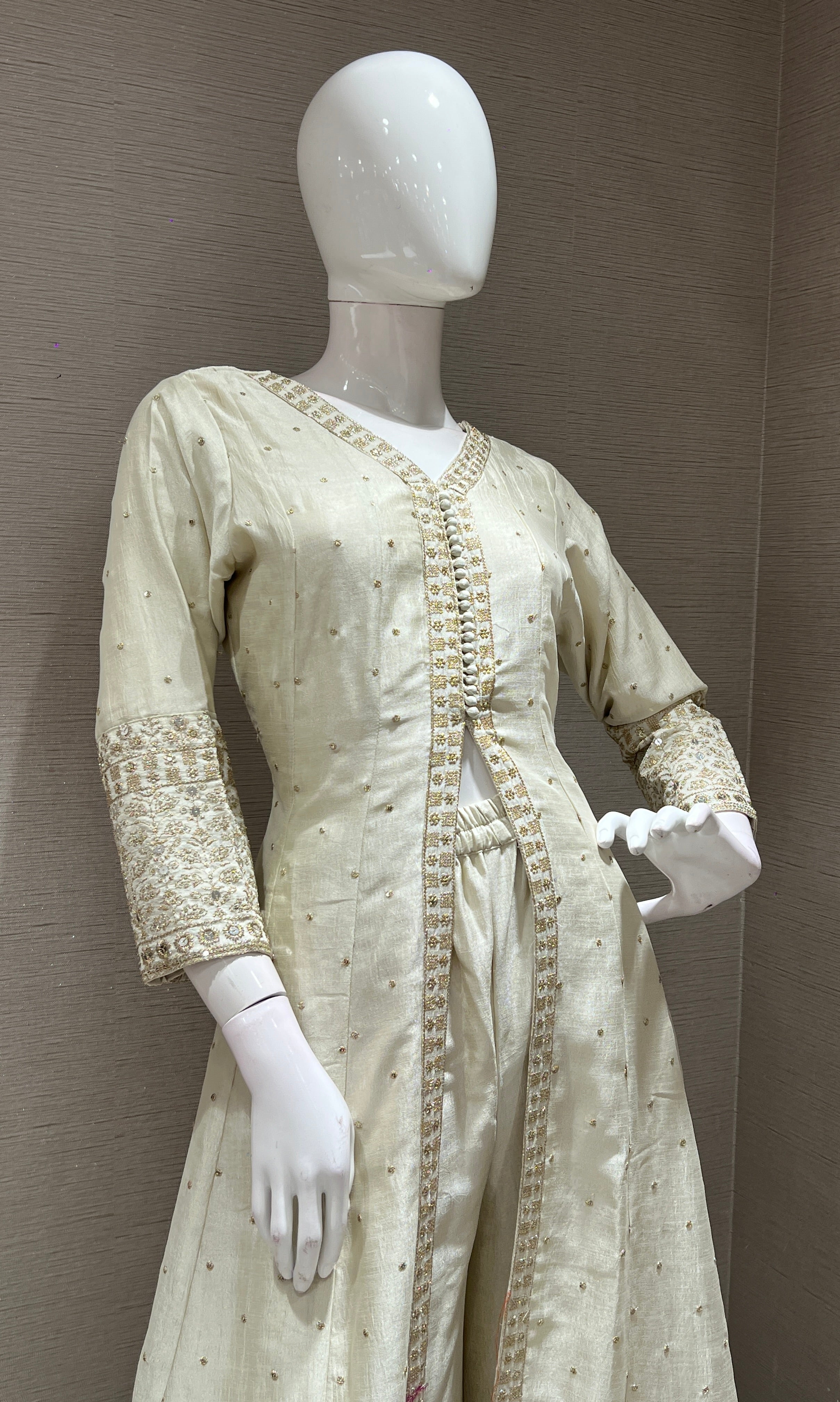 Cream embroidered front slit Anarkali