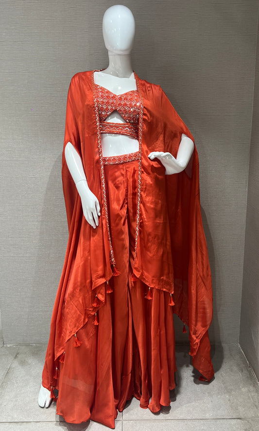 🧡Orange 3 piece Indo western palazzo set long dress with cape and blouse🧡