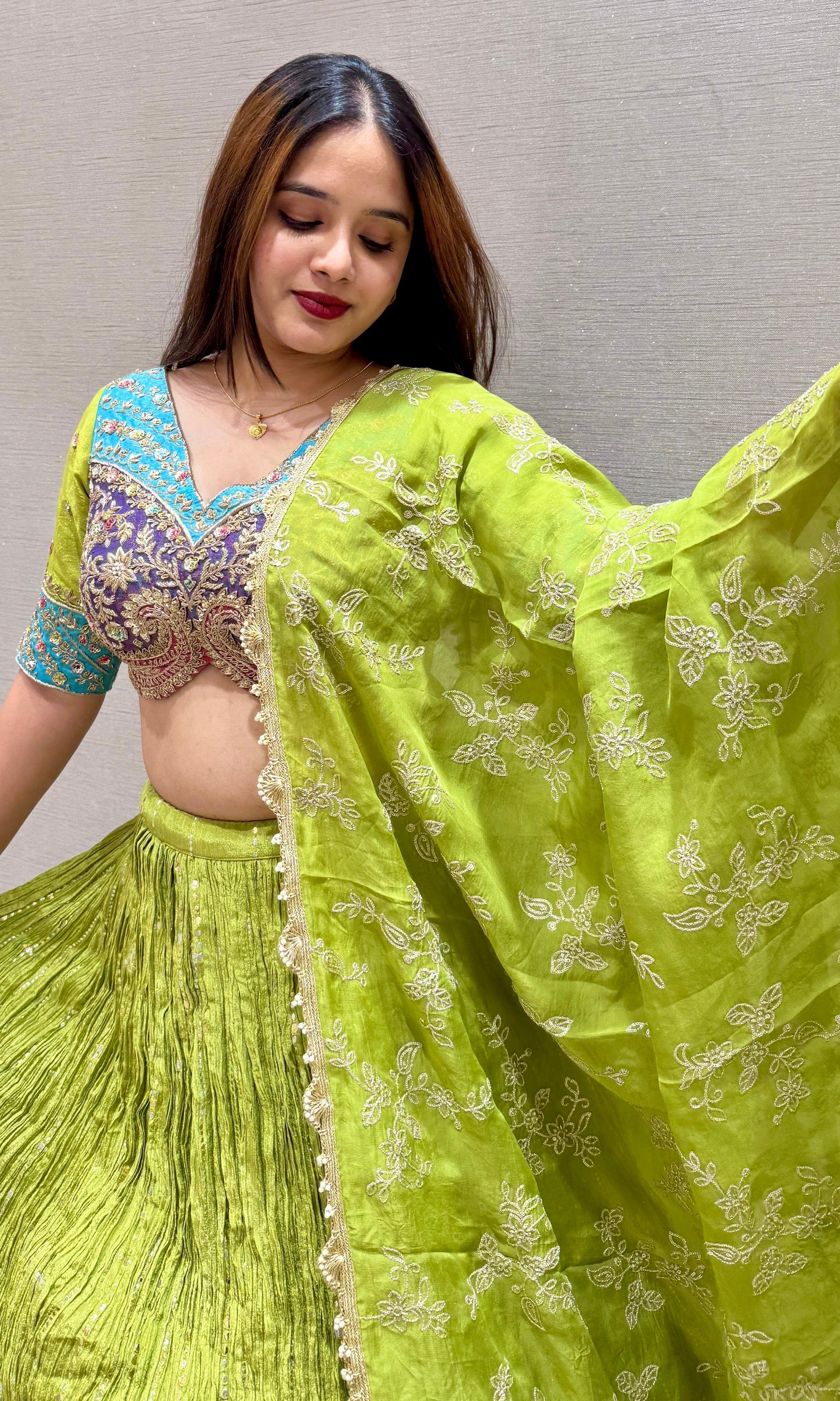 Parrot Green Intricate Embroidered Lehenga