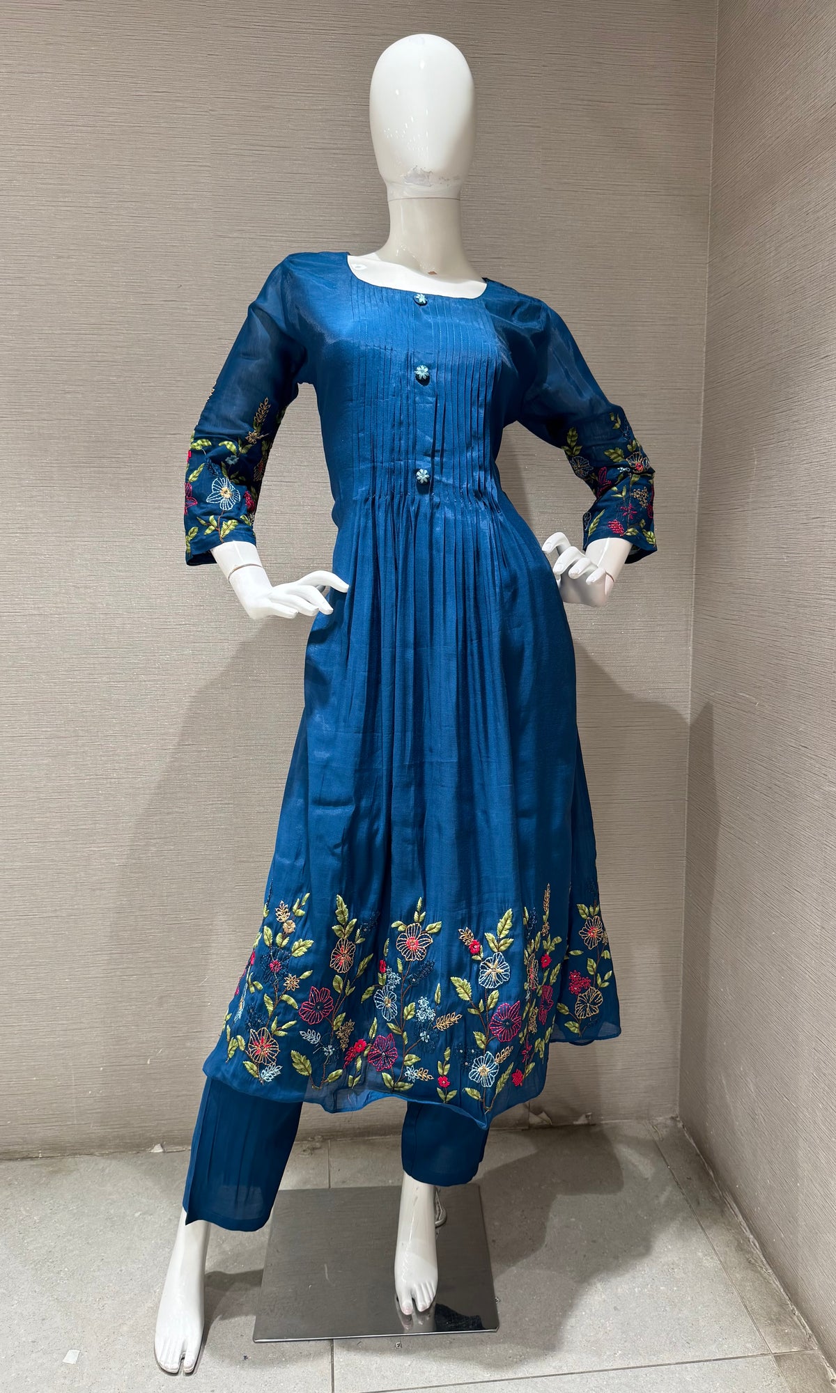 Navy Blue Floral Mul Chanderi Kurta set with dupatta