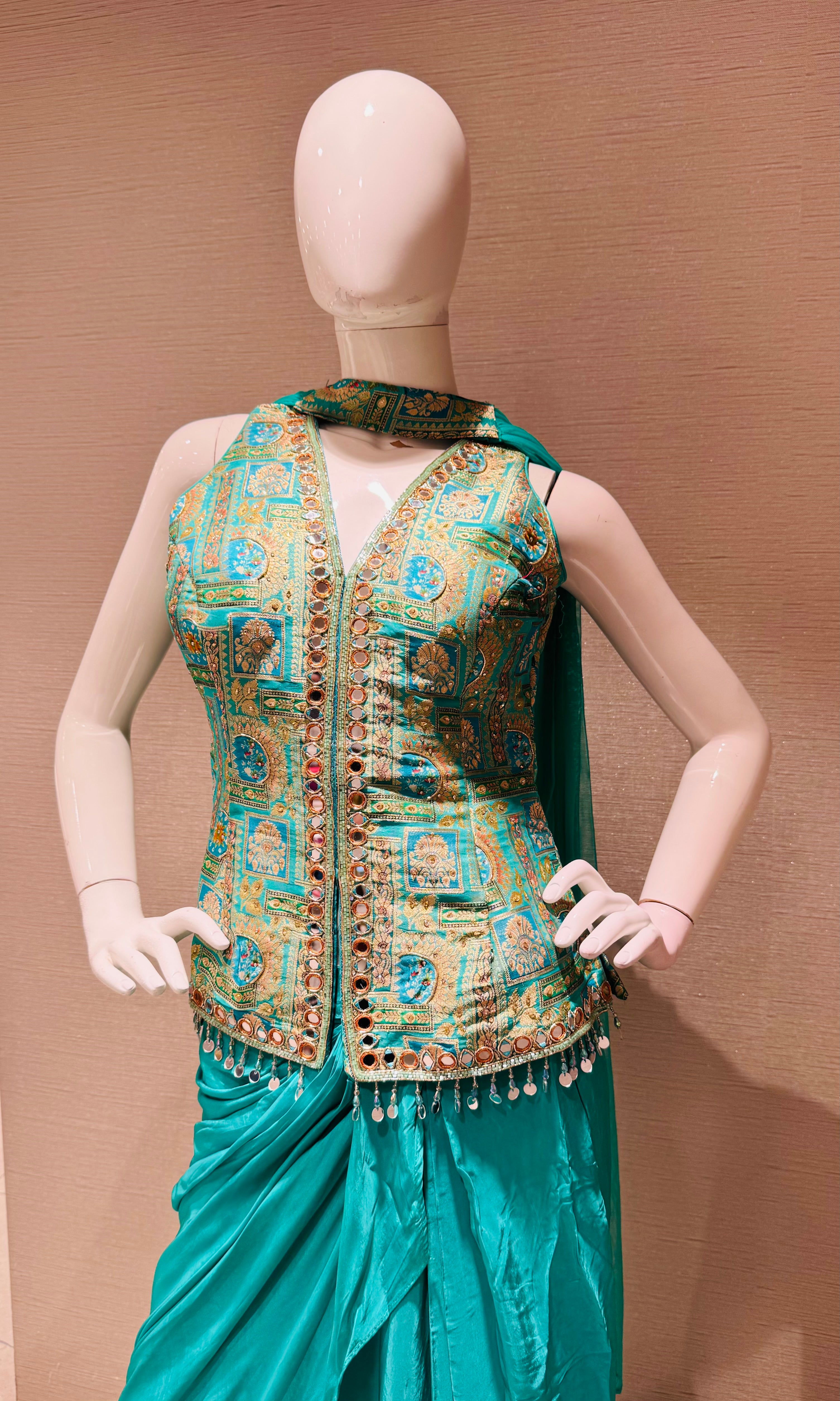 Green Indo Western Draped Skirt and Dhoti Set