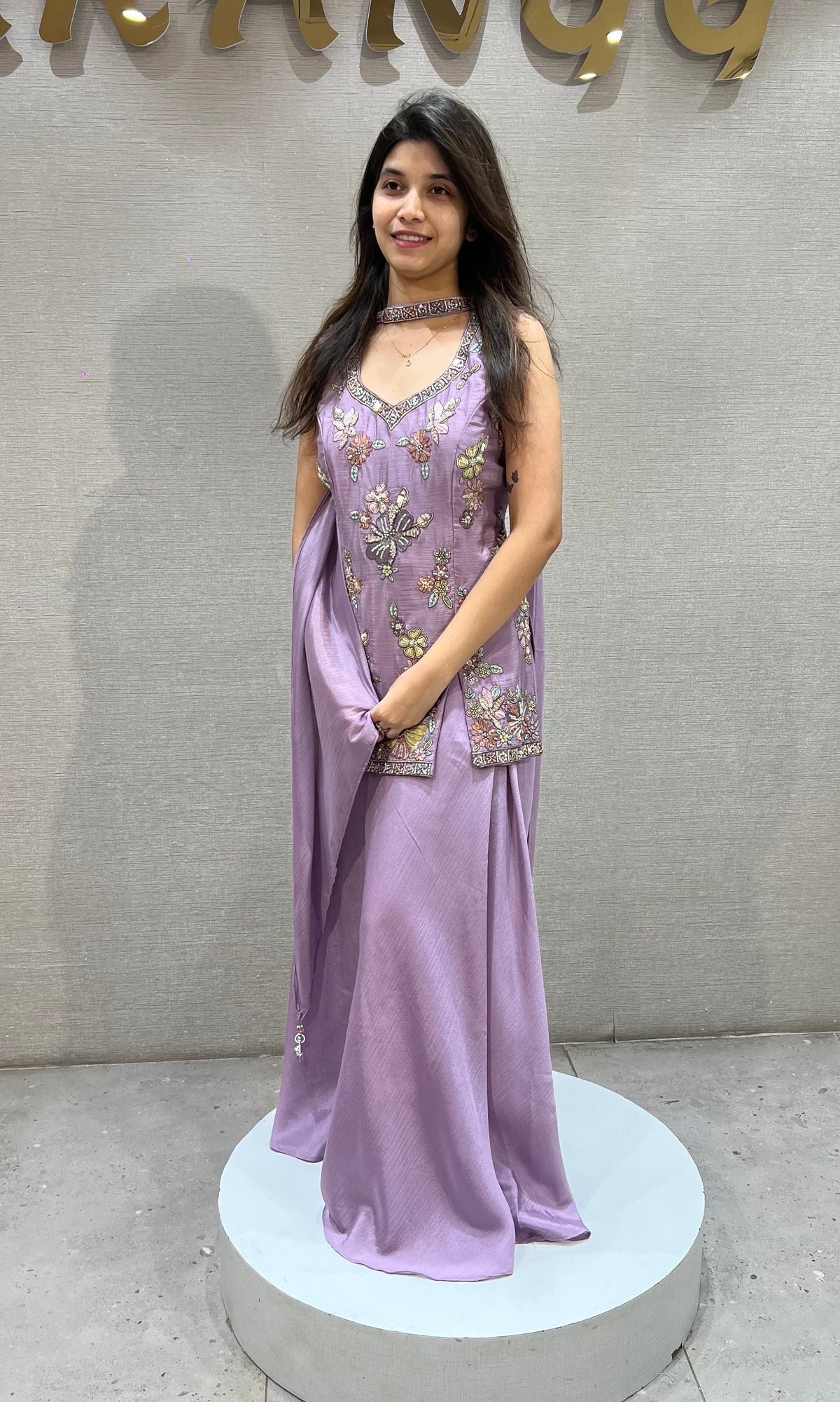 LAVANDER SILK FLORAL EMBROIDERED PALAZZO SET