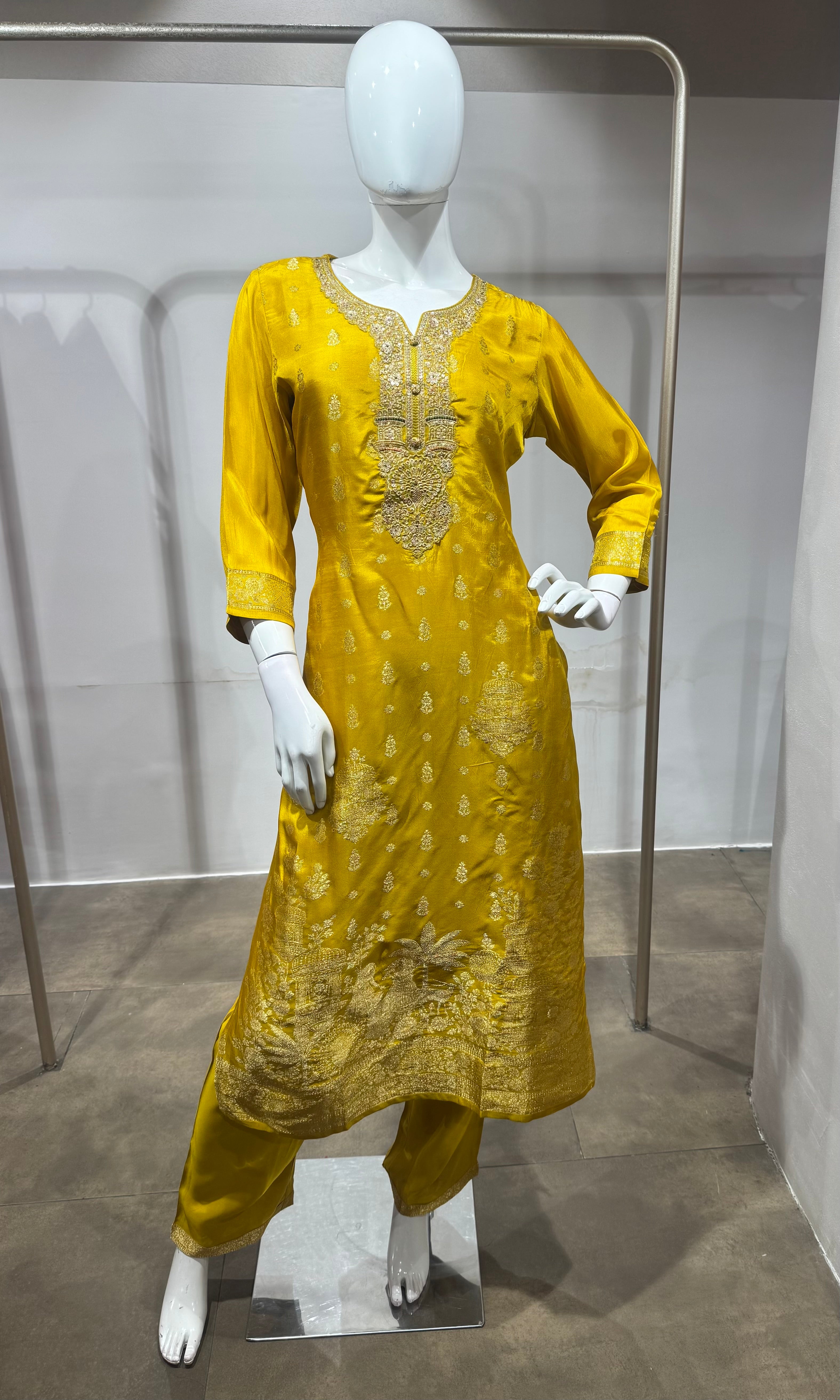 Mustard Yellow Floral Embroidered Kurta Set