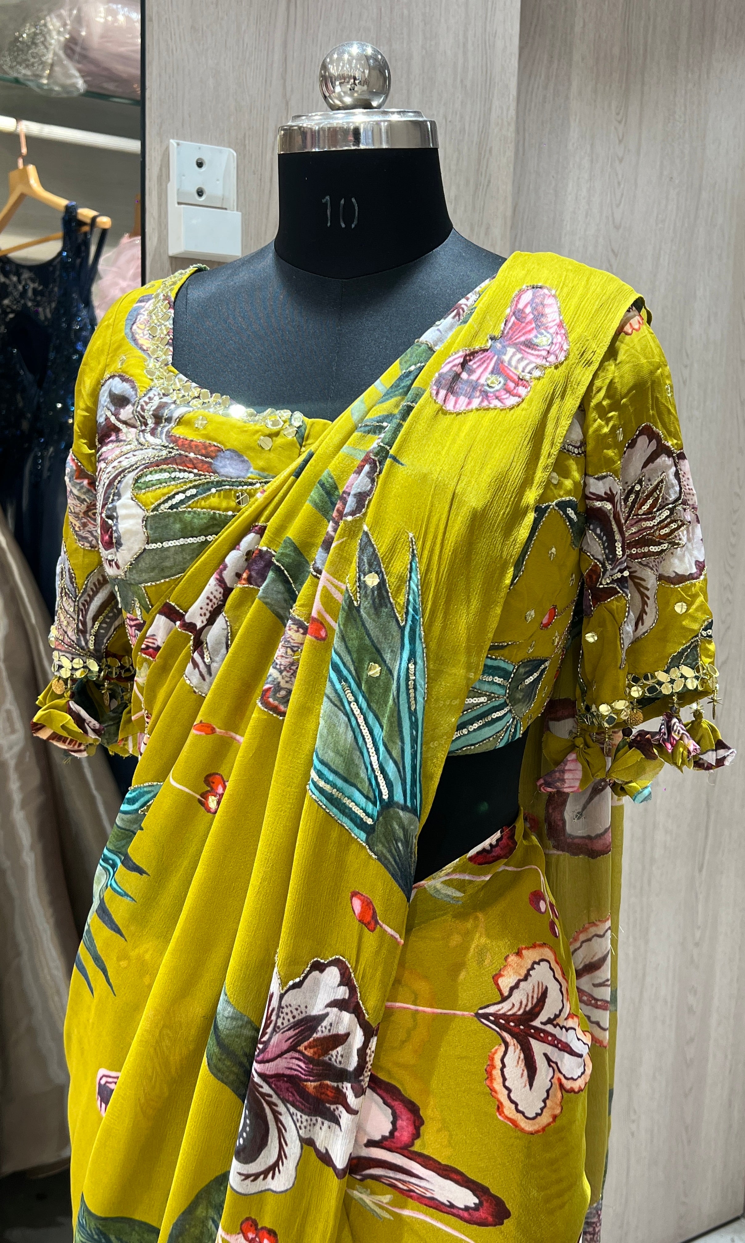 green floral saree with ready blouse