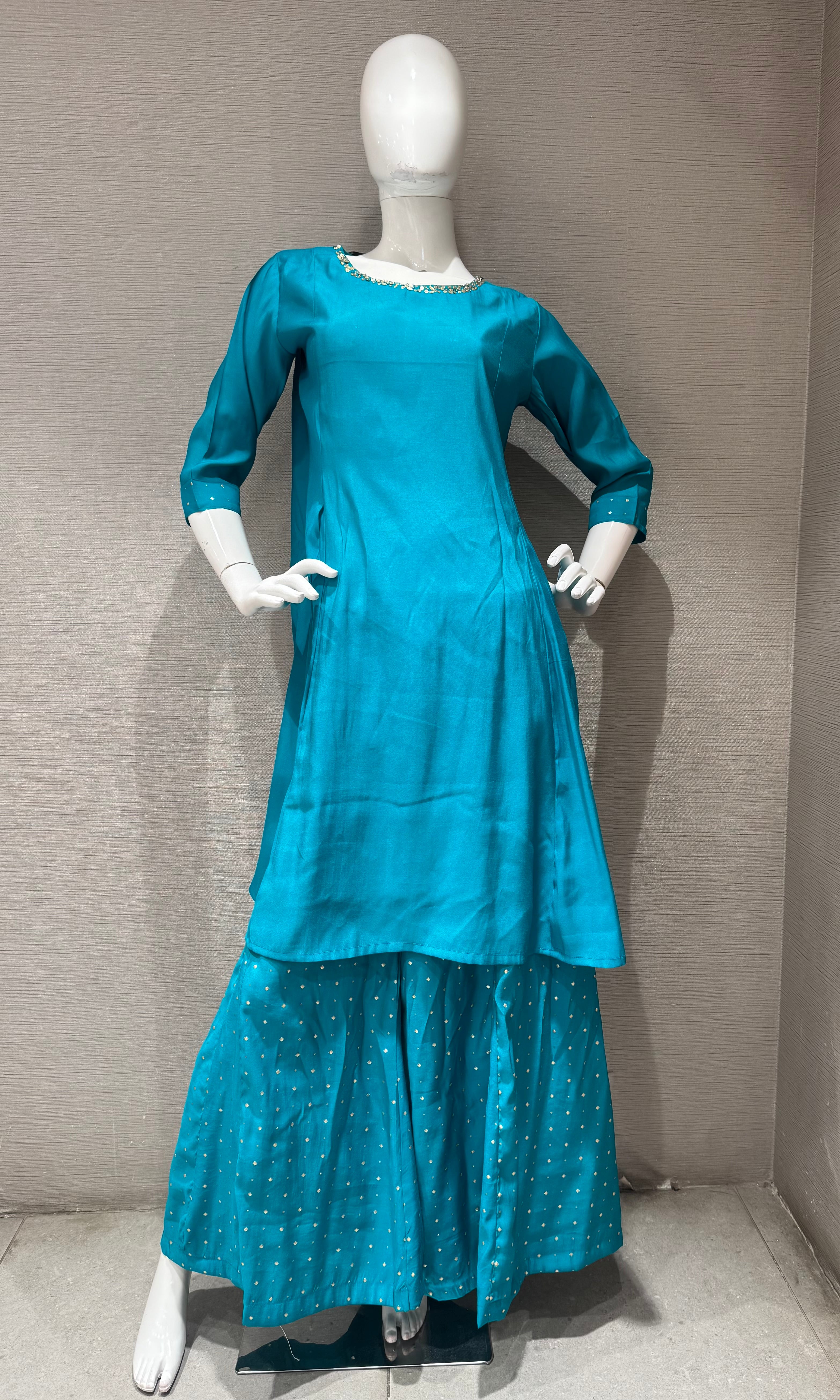 Rama Kurta Set with Flared Palazzo Pants With Cream Dupatta