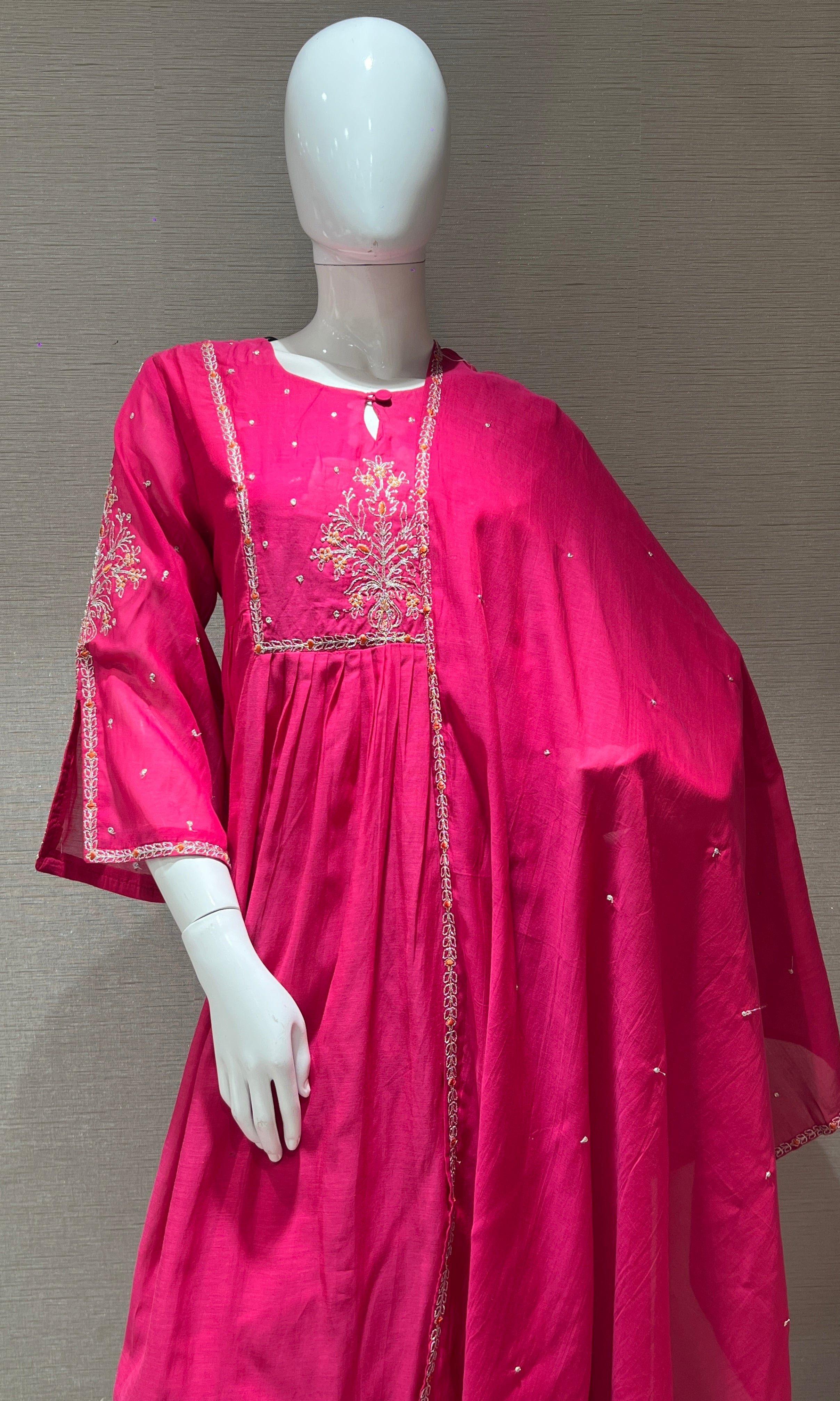 Rani pink mul Chanderi Anarkali kurta set