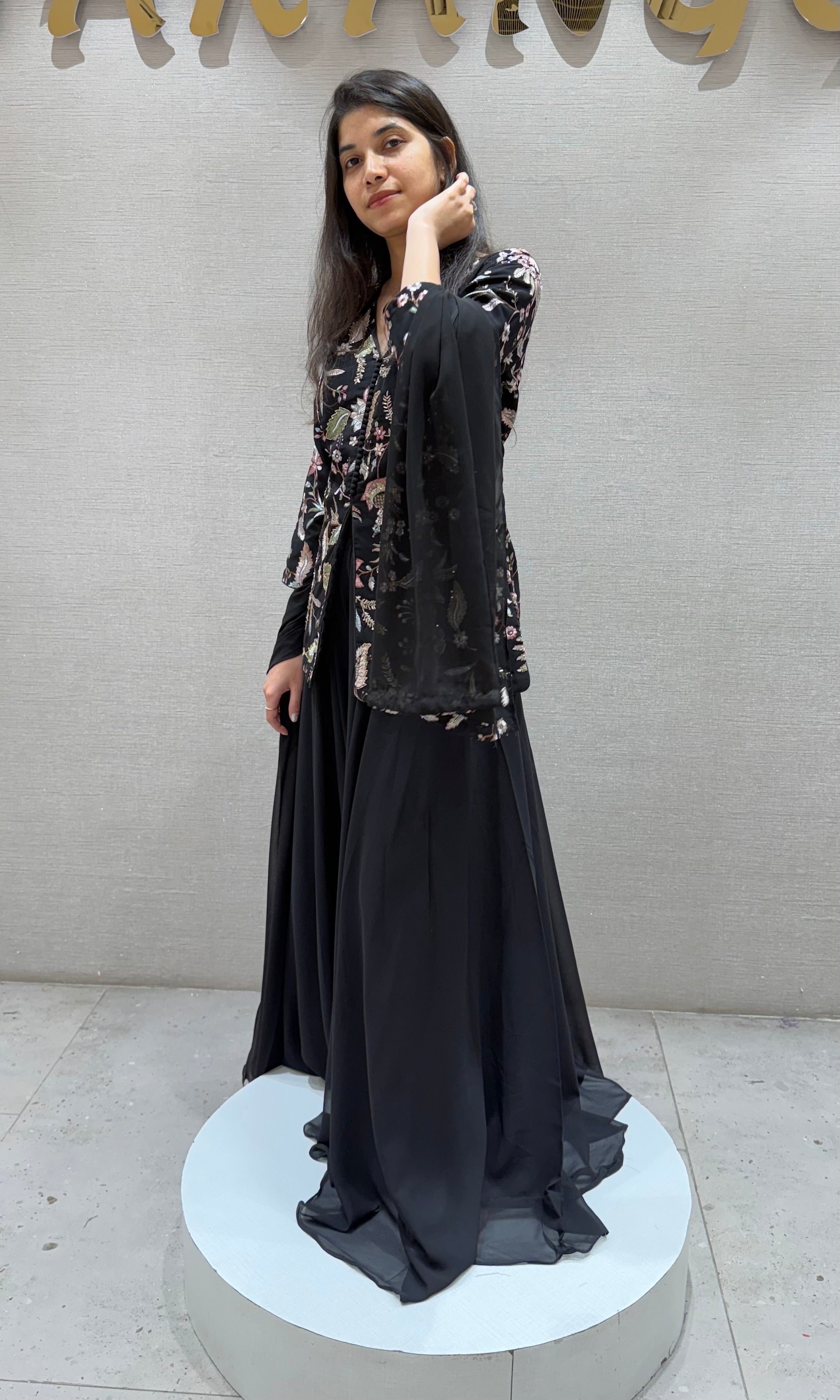 Black FRONT SLIT PEPLUM SHARARA SET