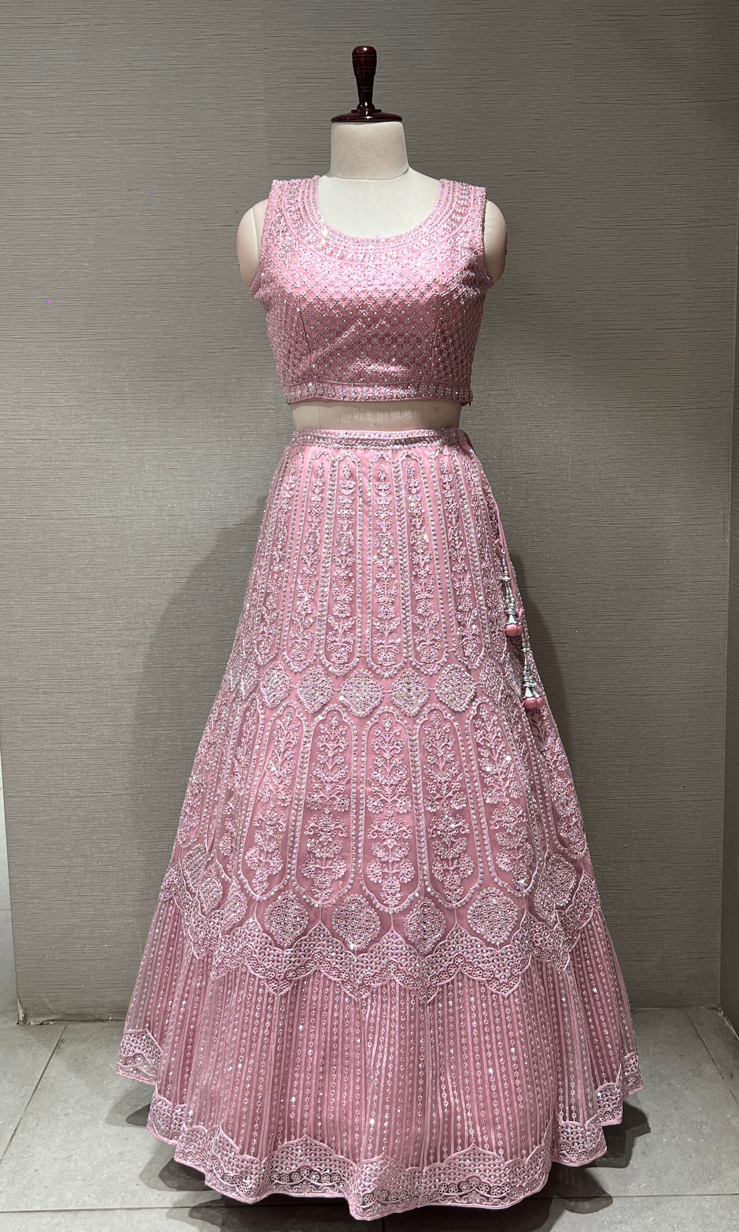 blush pink net intricate embroidered Lehenga