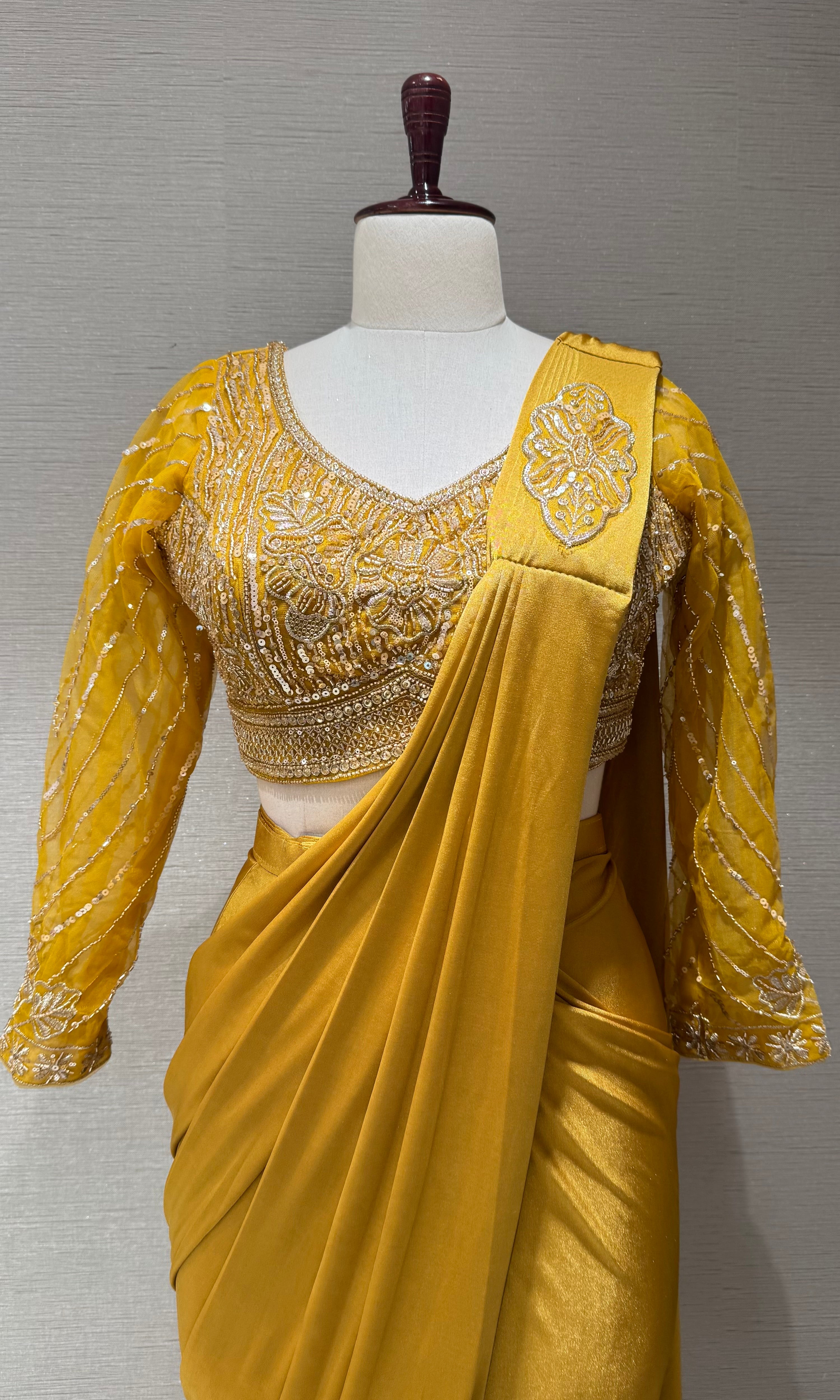 Yellow Satin Drape Saree with Embroidered Blouse