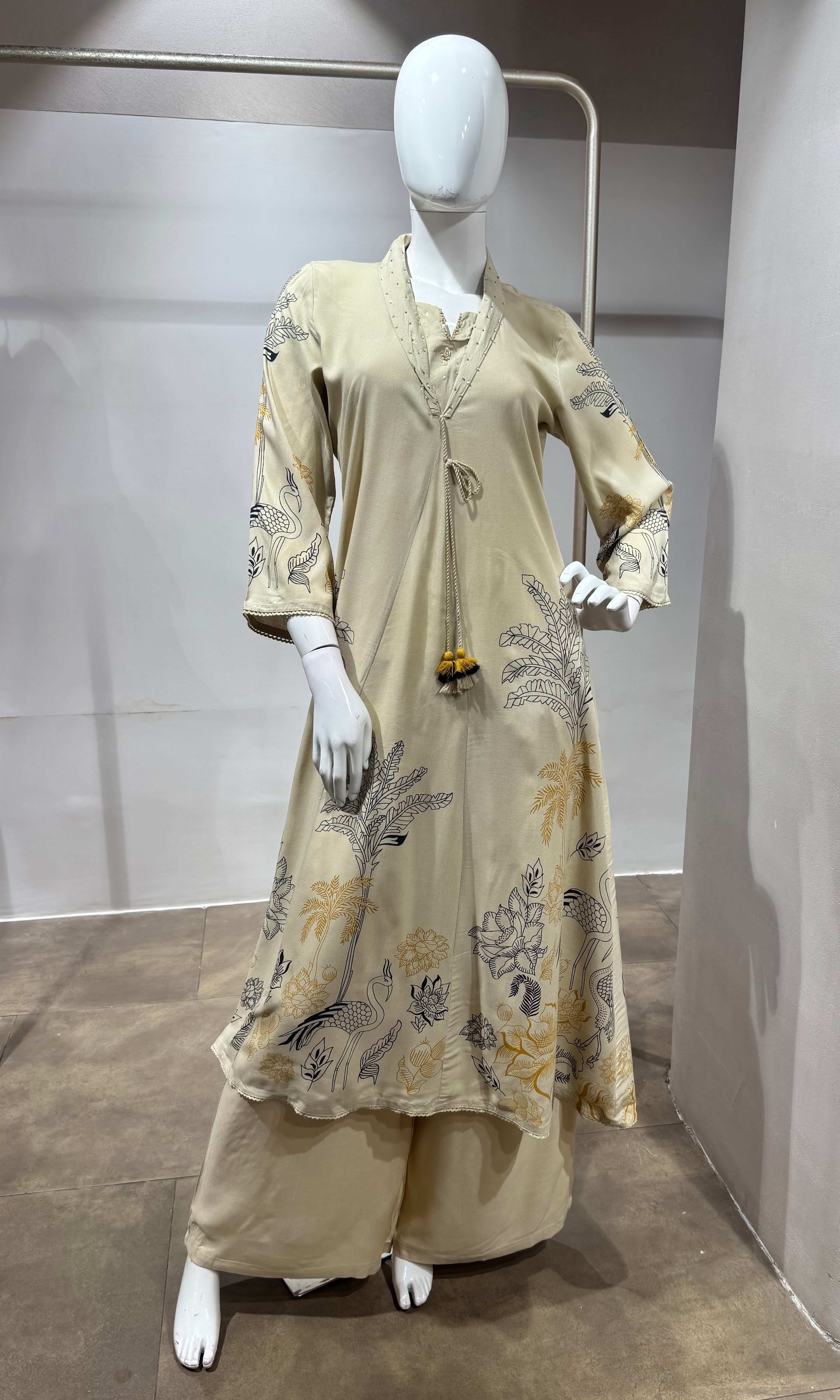 Cream Printed A-Line Kurti set