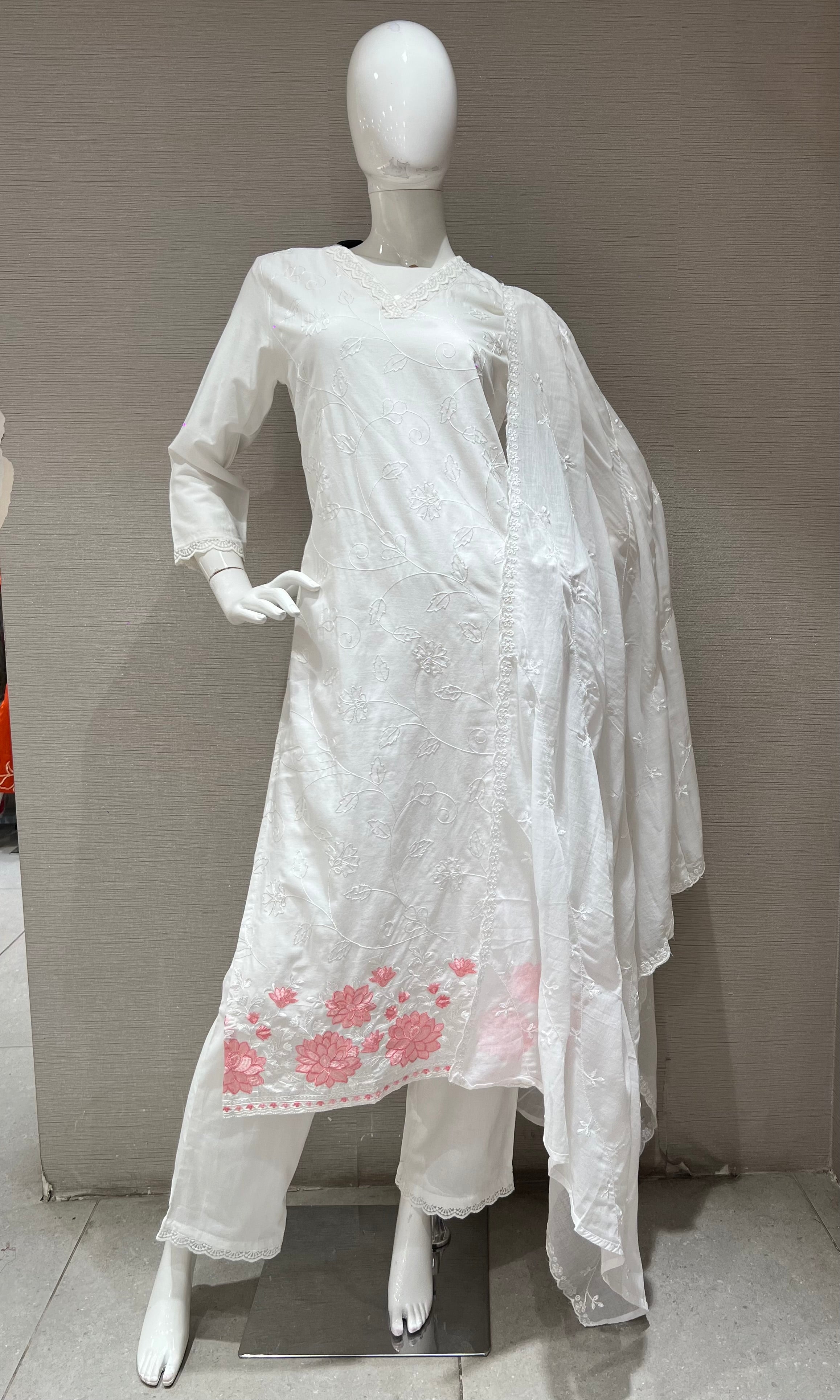 White Cotton Kurta Set with Pink Floral Embroidery