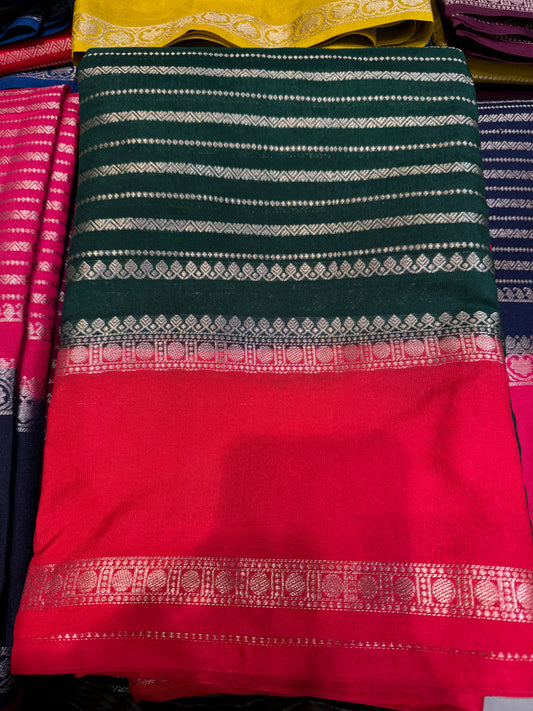 Bottle green with red Banarasi saree