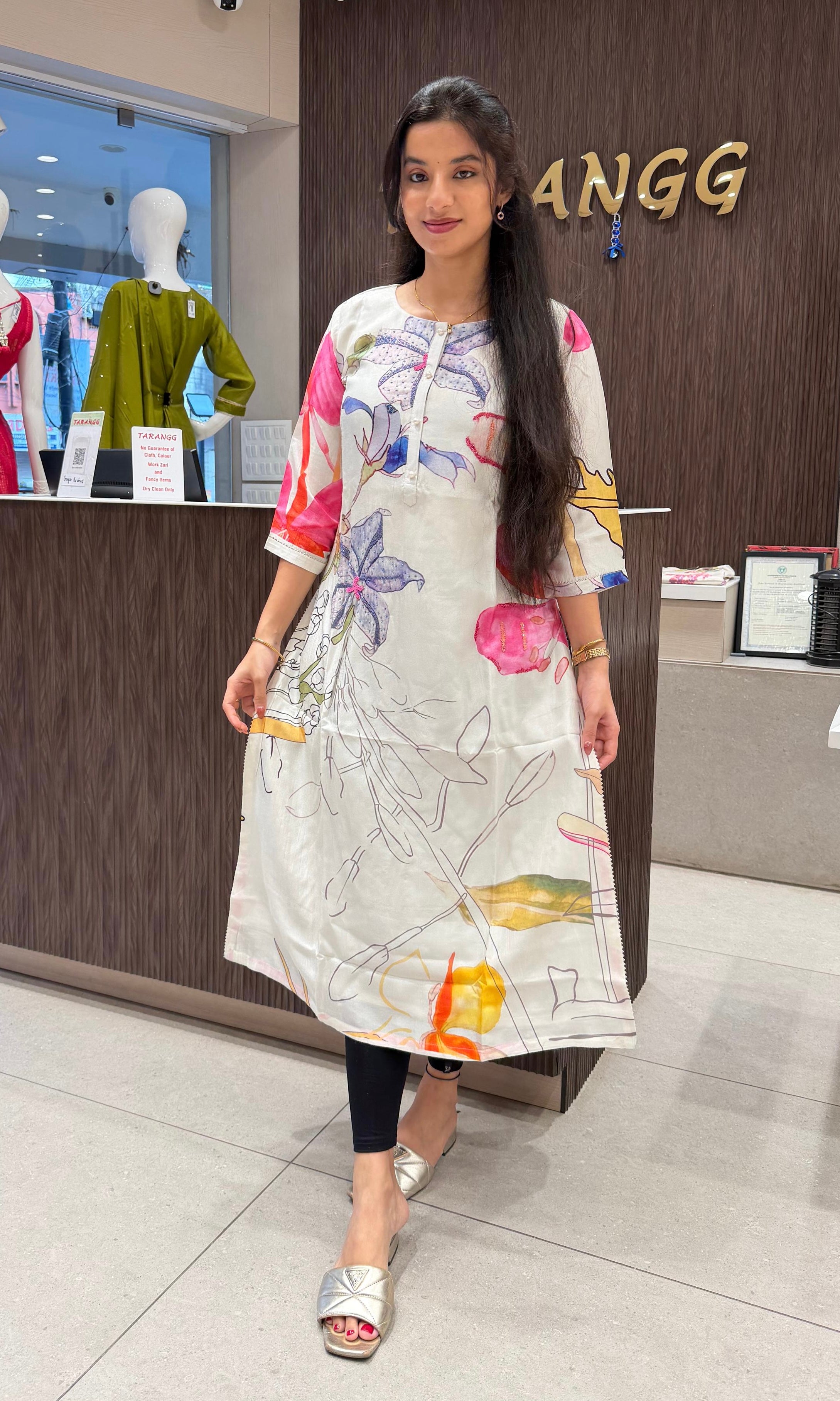 White Floral Printed A-Line Kurta